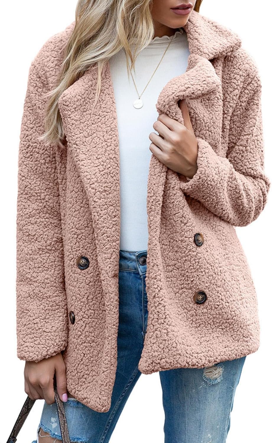 Women's Winter Warm Plush Cardigan Fuzzy Fleece Lapel Jacket with Buttons Pockets Long Sleeve Casual Outerwear