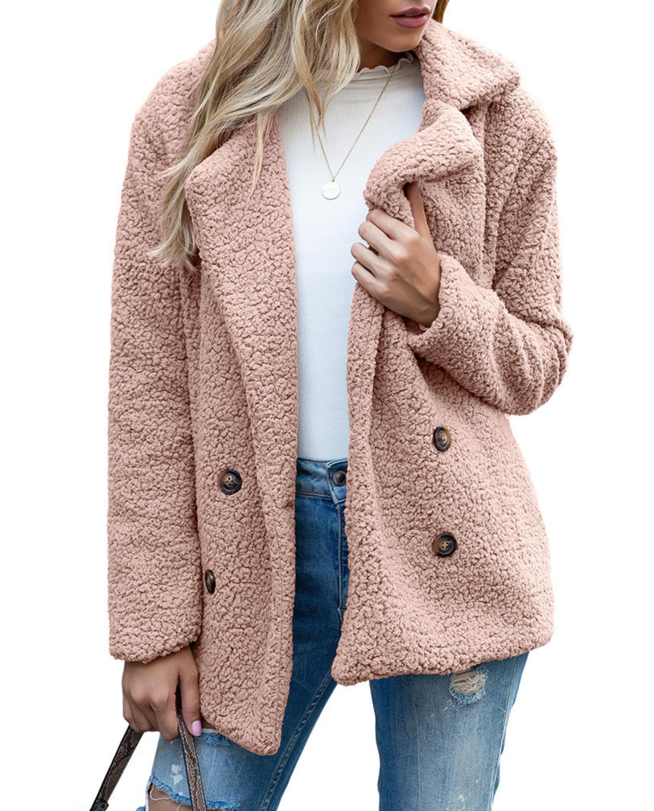 Women Casual Cardigan Jacket Button Down Lapel Fuzzy Fleece Plush Coats Winter Warm Outerwear with Pockets