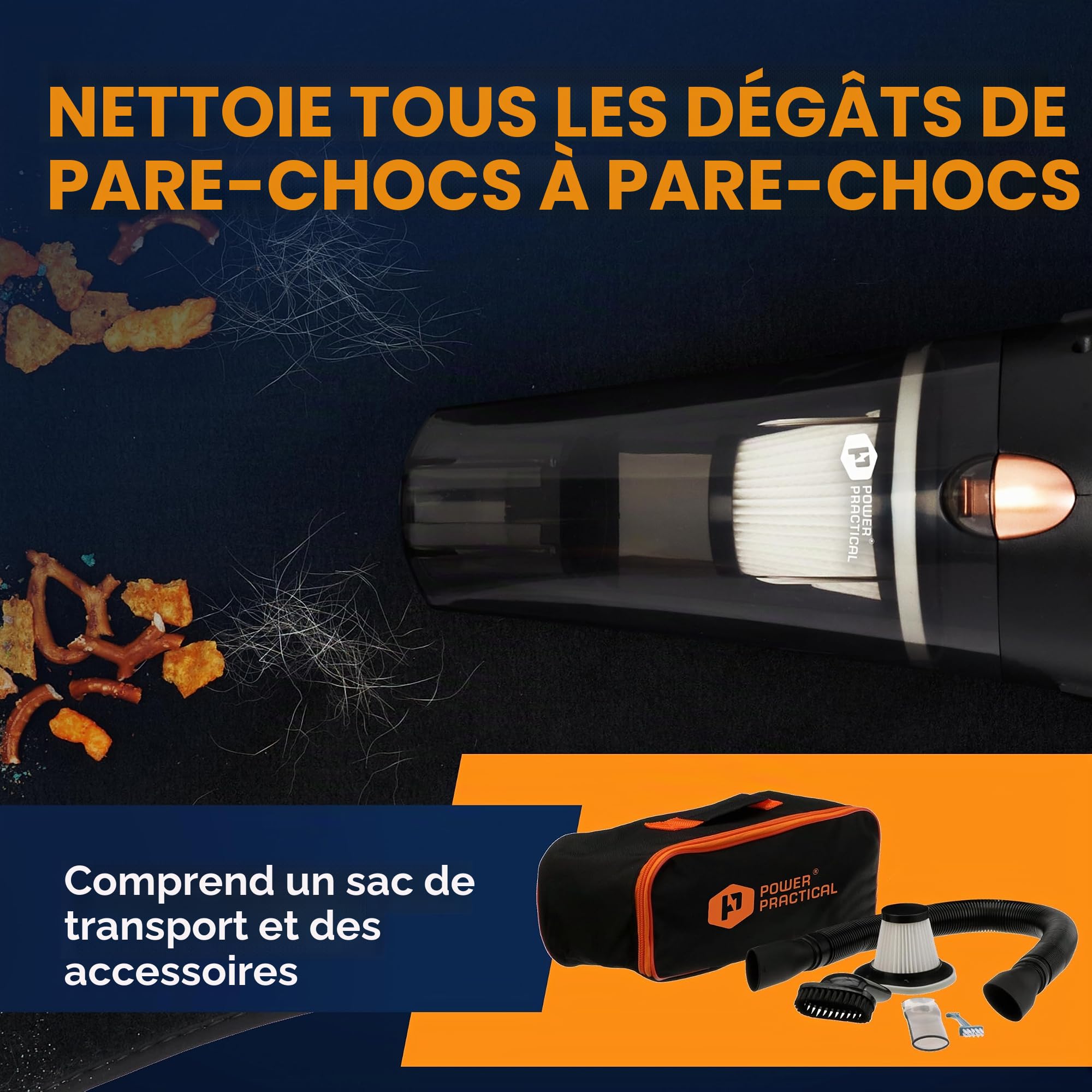 ThisWorx Aspirateur Voiture Puissant - Mini Aspirateur à Main 110W, 12V avec 3 Embouts et Sac de Transport, Cordon 5 m, Accessoire Voiture - Noir