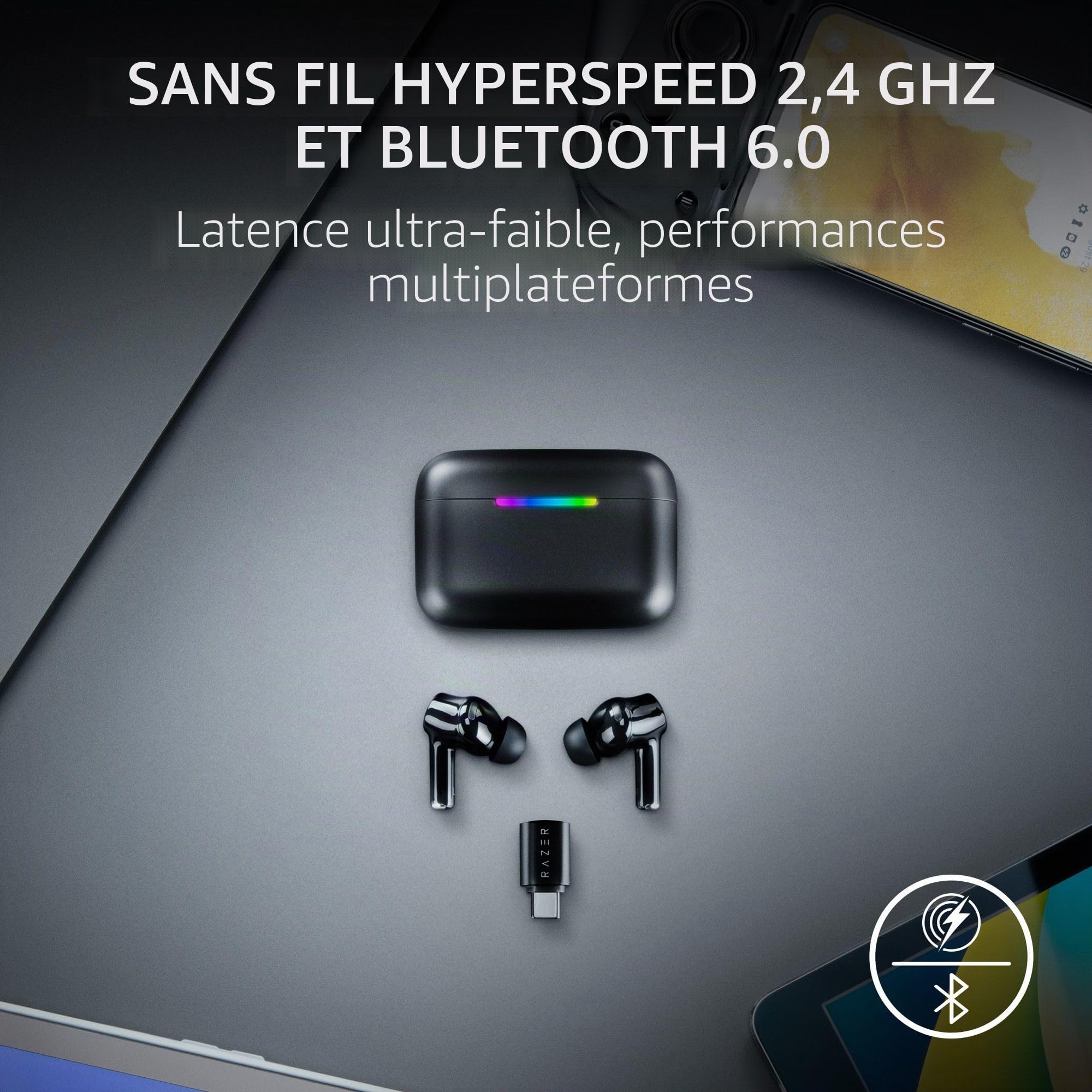 Écouteurs de Jeu Razer Hammerhead V3 HyperSpeed sans Fil Multi-Plateforme avec ANC – 2,4 GHz et Bluetooth 6.0, autonomie Jusqu’à 40 h, THX Spatial Audio, pour Smartphones, PC, Ordinateur Portable