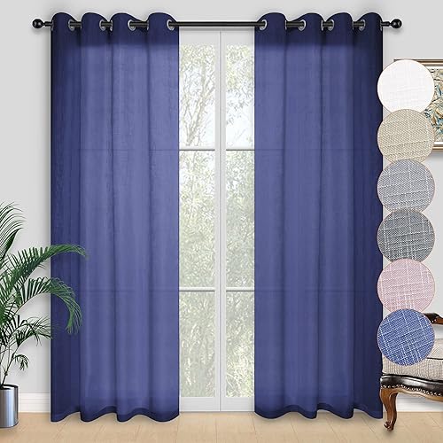 Kinryb Cortinas traslúcidas de lino azul oscuro de 95 pulgadas de largo para sala de estar, ojales suaves en la parte superior, extralargas,