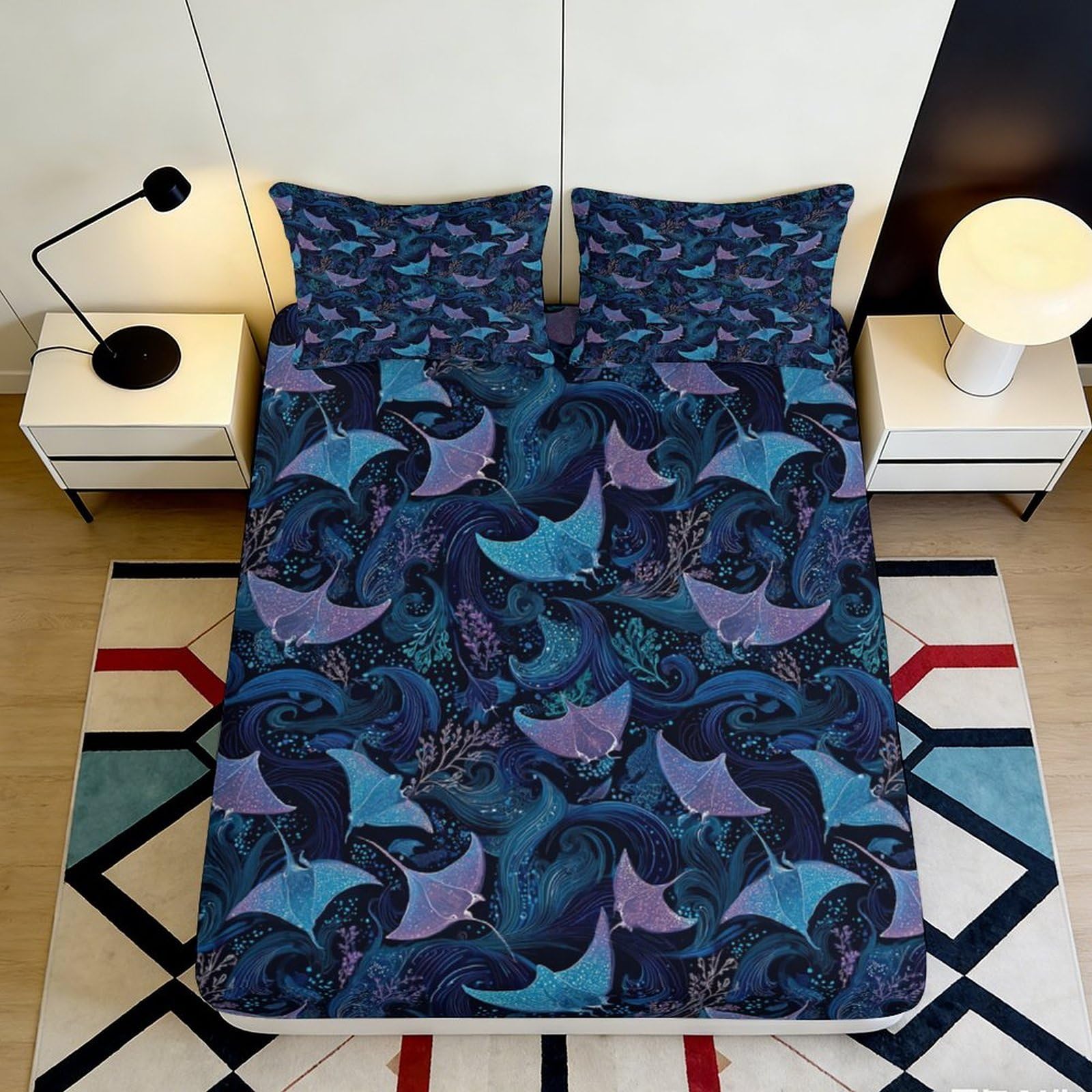 3D Printed Ocean Wave Fitted Sheet Microfiber Soft Breathable Manta Ray Mattress Cover for Bedroom Dorm Decor 140x200x25cm