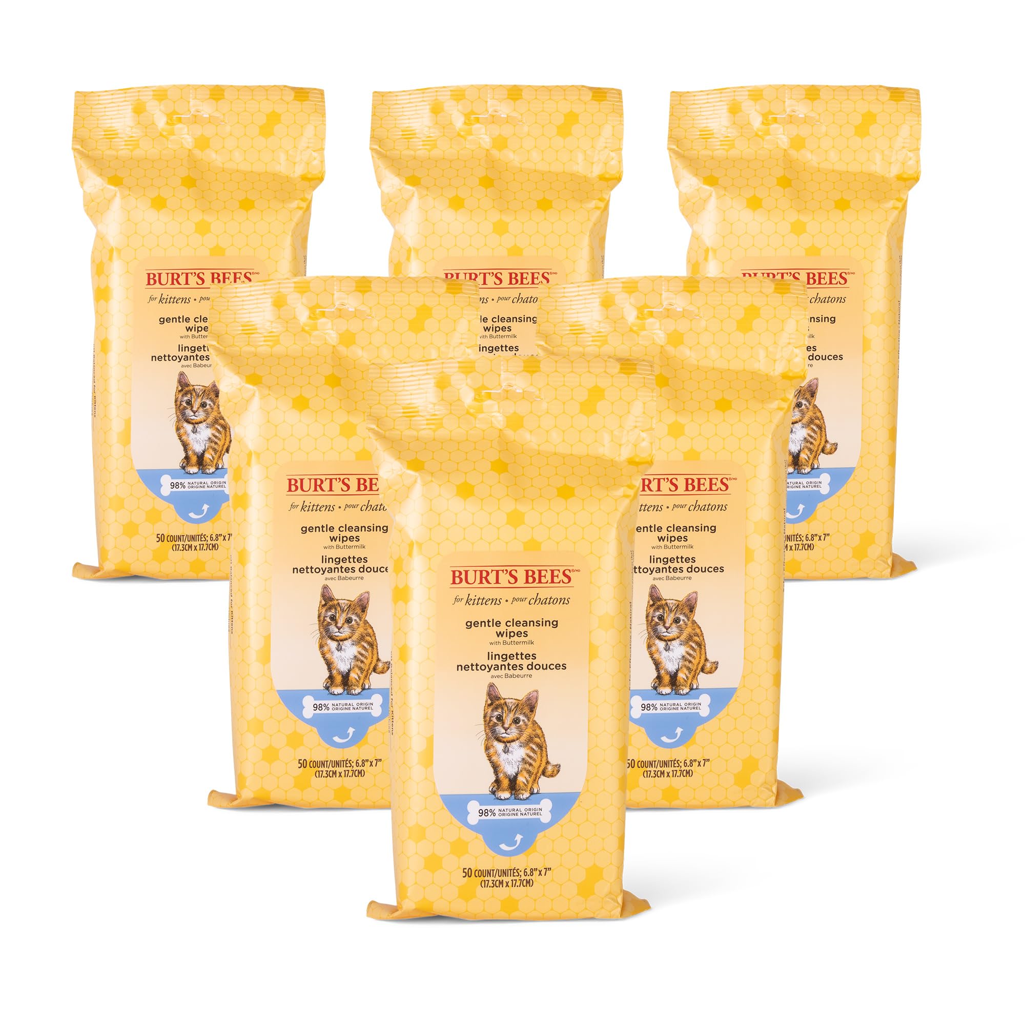 Burt's Bees for Pets Salviette per la toelettatura dei gattini con latticello e miele, salviette da bagno per gatti senz'acqua per la pulizia di viso, zampe, coda e cappotto, alternativa delicata al