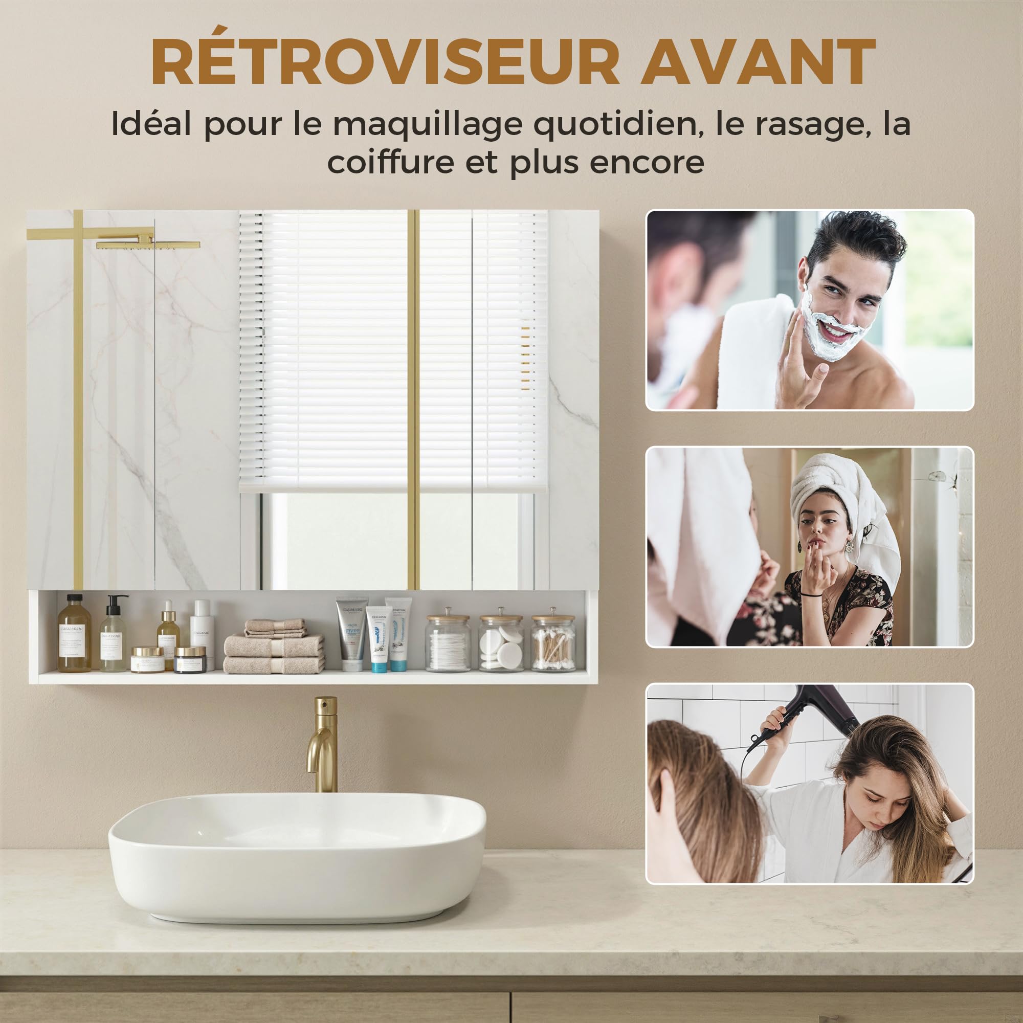 kleankin Armoire Murale Salle de Bain avec Miroir, 90 x 15 x 75 cm, Meuble Salle de Bain, Armoire de Toilette avec 3 Portes Miroir, Compartiment Ouvert et étagères réglables, Blanc