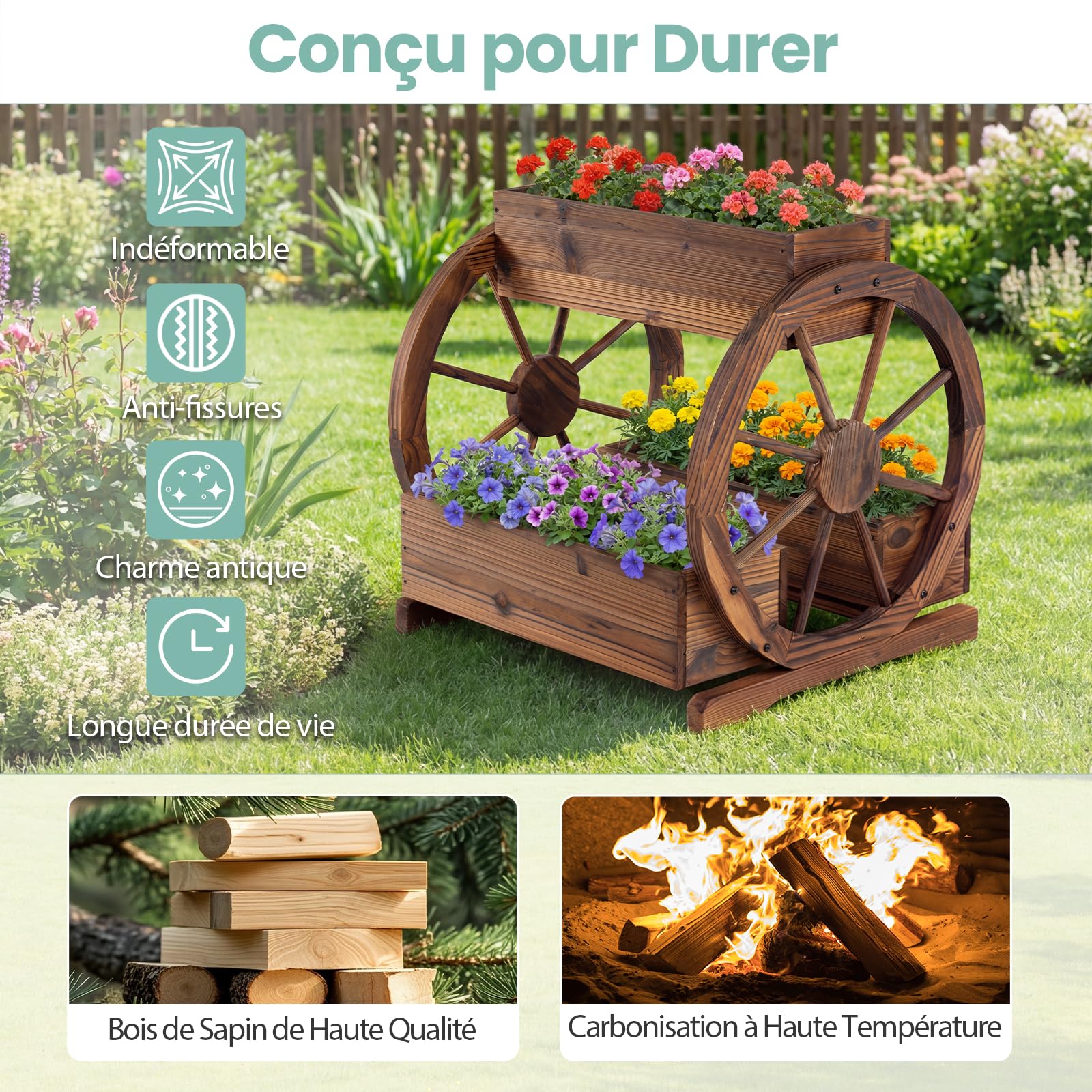COSTWAY Jardinière Surélevée à 2 Niveaux, 3 Bacs à Plantes en Bois en Forme de Chariot avec Trous de Drainage et Roues, Lit de Jardin Pots de Fleurs pour Patio Balcon, 61,5 x 55 x 62 cm