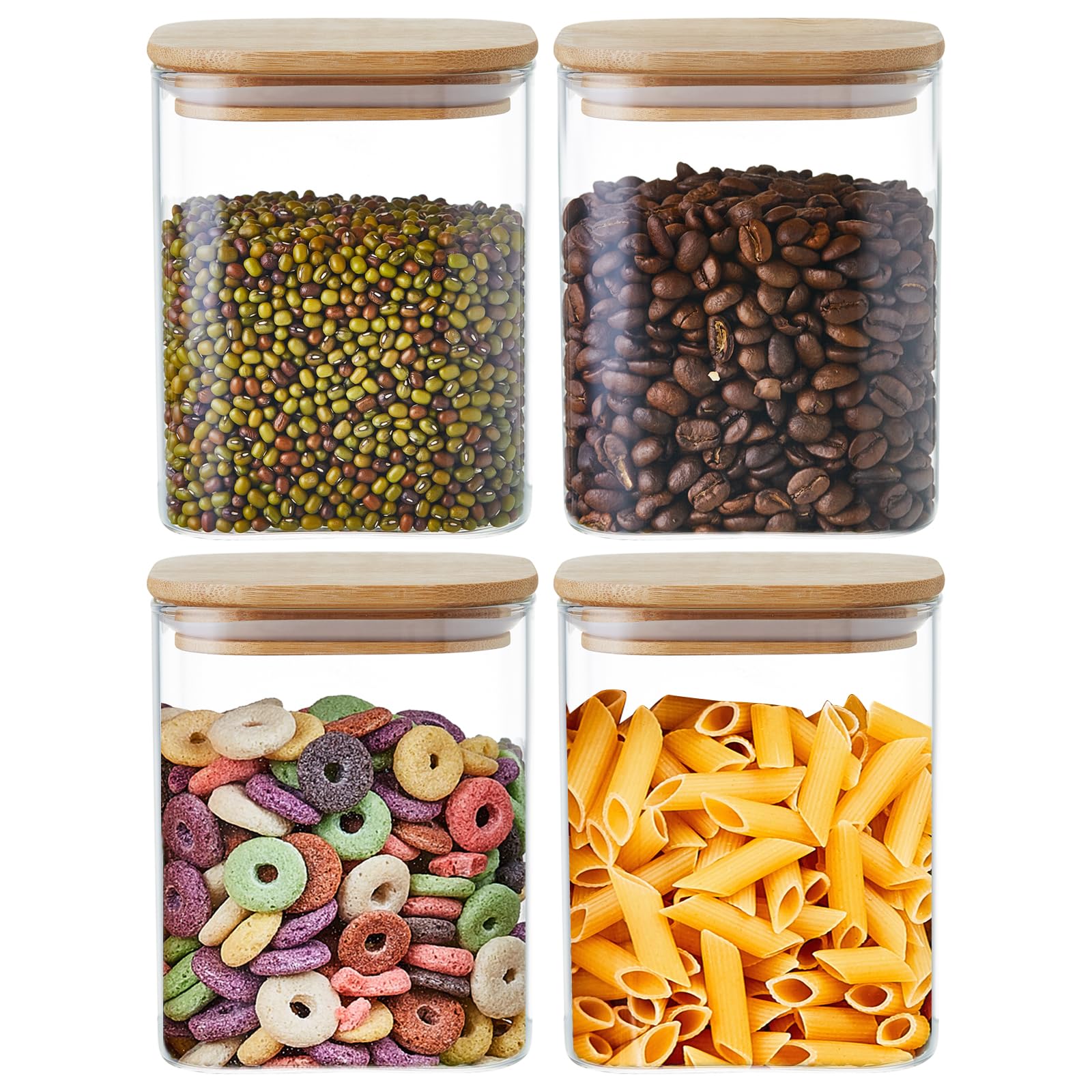 MESNEY 4 Pack 800ml Glass Food Storage Jars with Bamboo Lids – Airtight and Stackable Containers for Kitchen and Pantry – Eco-Friendly Clear Glass Jars for Dry Food, Coffee, Snacks