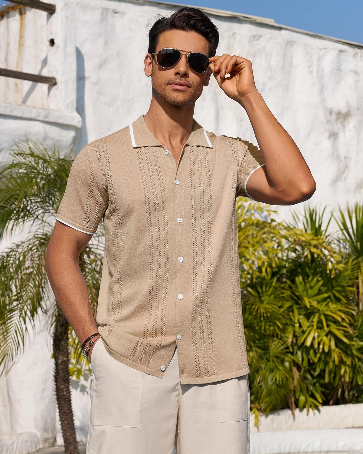 Alimens & Gentle Mens Knit Shirt Short Sleeve Button Down Shirt Textured Casual Summer Beach Polo Shirts - Image 2