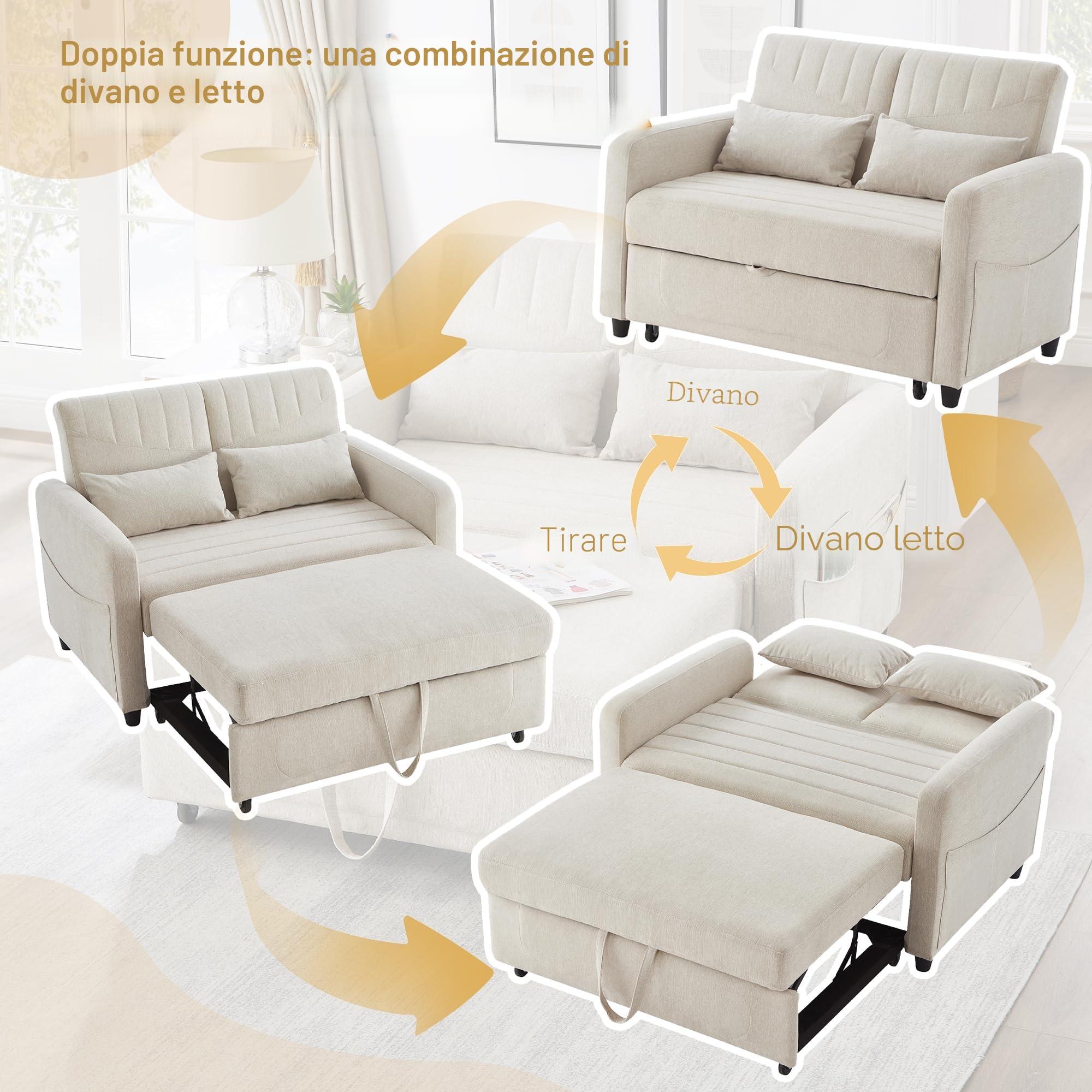 Divano a due posti con funzione letto, divano pieghevole con schienale regolabile, divano letto estraibile, divano letto con contenitore, piccoli divani per piccoli spazi, 114 x 77 cm, beige