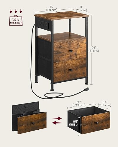 Miniatura 2 de VASAGLE Mesita de noche con estación de carga, juego de 2 mesitas de noche, mesa auxiliar con 2 cajones y 1 estante abierto, cajones de tela con