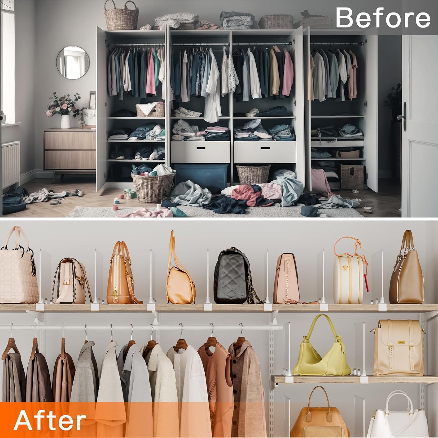 Fixwal 8 PCS Detachable Acrylic Shelf Dividers for Closet Organization Clear Shelf Divider for Closet Organizers and Vertical Purse Organizer for Closet, Bedroom, Kitchen, Office, Cabinets, Bathroom
