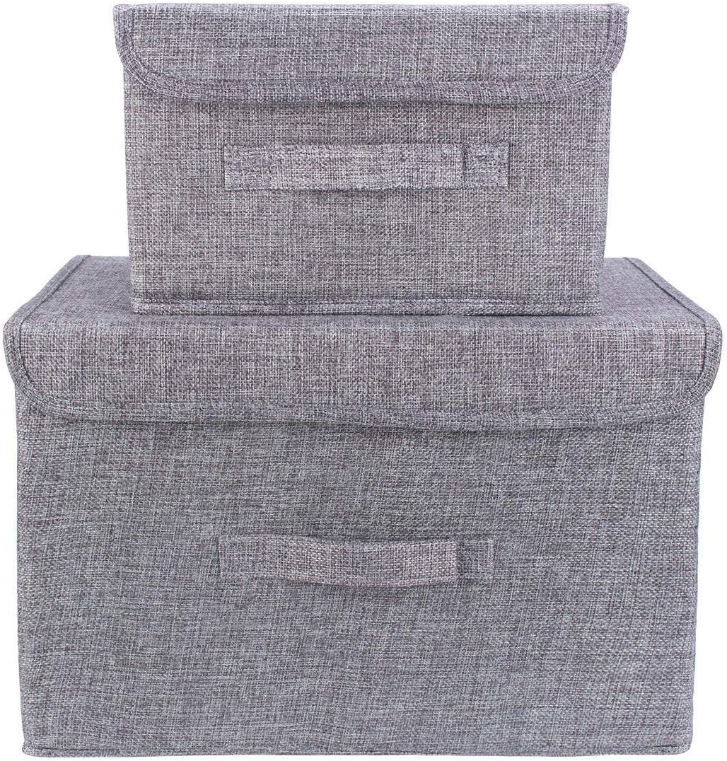 FAMLOVE Folding Organizer Storage Bins with Lids 2 Pack, Foldable Storage Box Cubes Cotton and Linen Washable Cloth Organizer Box with Handle for Bedroom, Nursery, Playroom, Living Room (Grey)