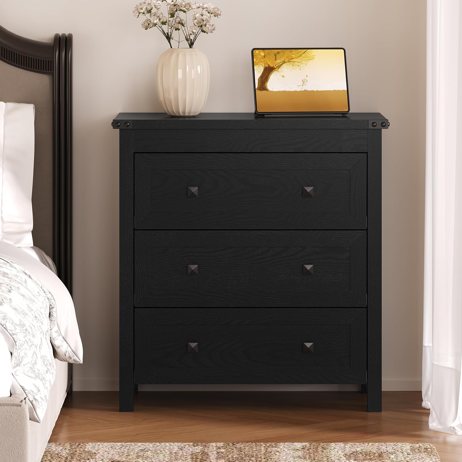 (ボルヌーン) 3段引き出しドレッサー 小さな木製チェスト 金属製ノブ付き 防水トップ 収納オーガナイザー 転倒防止キット付き 寝室