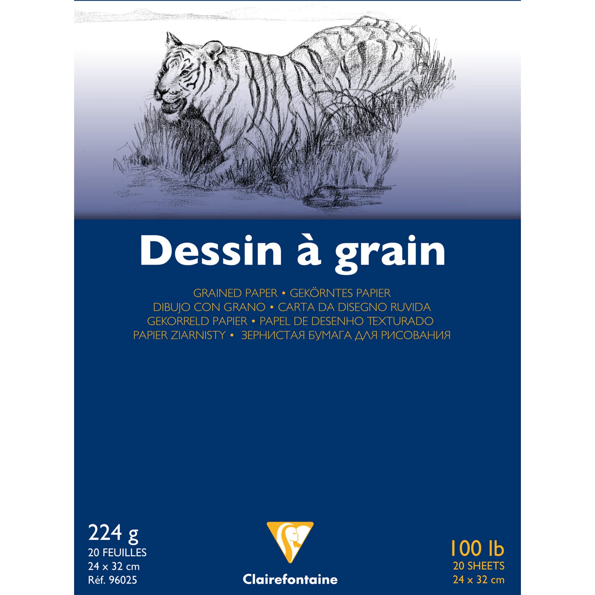 Clairefontaine - Ref 96025C - White Grained Drawing Paper Glued Pad (20 Sheets) - 24 x 32cmcm Sized, 224gsm Paper, White & Grained Drawing Paper, Acid Free, pH Neutral