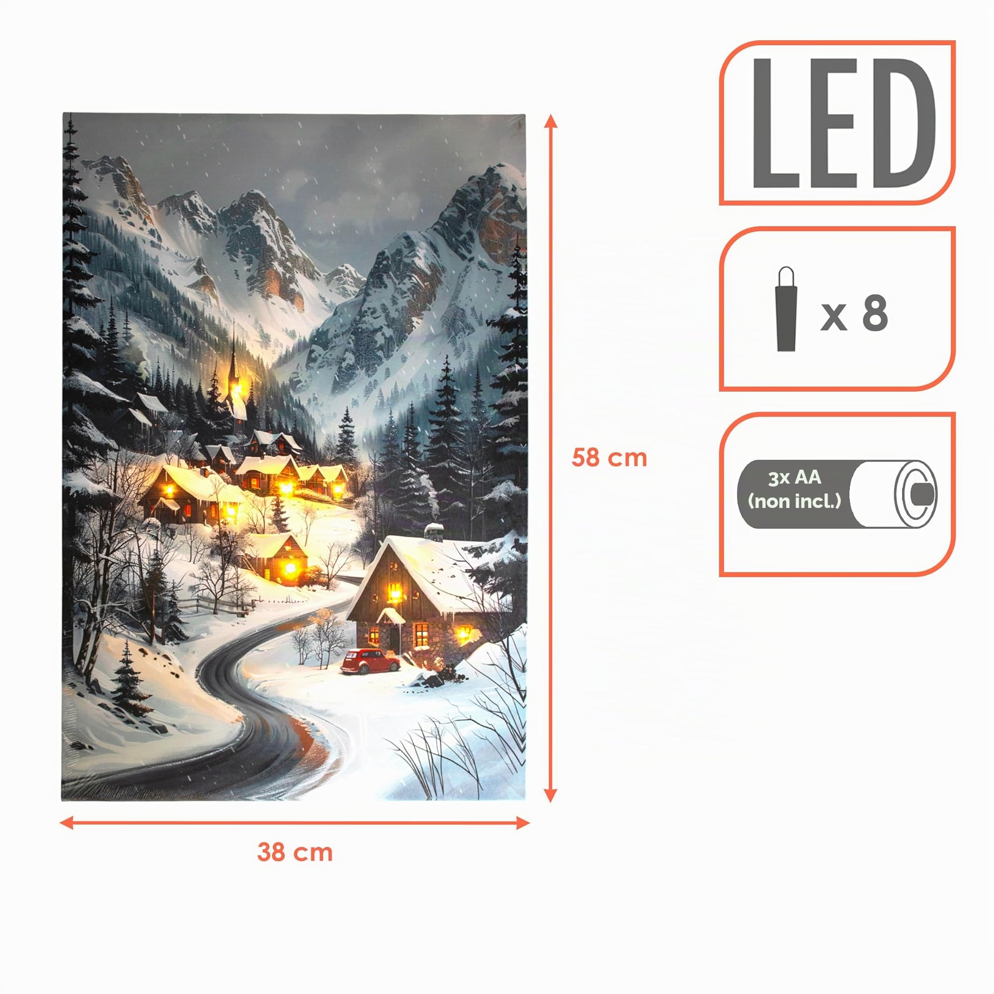 Spetebo Immagine natalizia da parete con illuminazione a LED alimentata a batteria - 58 x 38 cm - Immagine di villaggio invernale su tela illuminata in bianco caldo - Decorazione natalizia da parete
