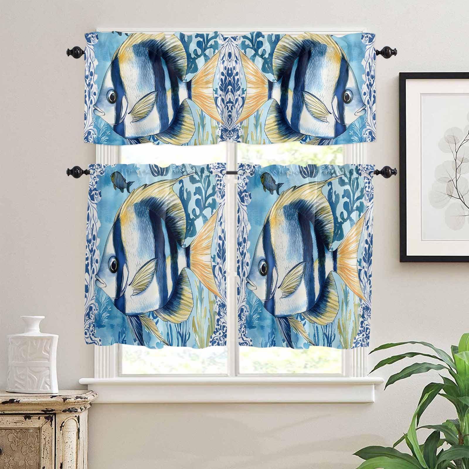 Summer Ocean Fish Kitchen Curtains 24 Inch Length,3 Piece Rod Pocket Small Half Tiers and Valance Set,Coastal Watercolor Stripe Seaweed Plant Small Large Window Treatment Decor for Bedroom/Bathroom