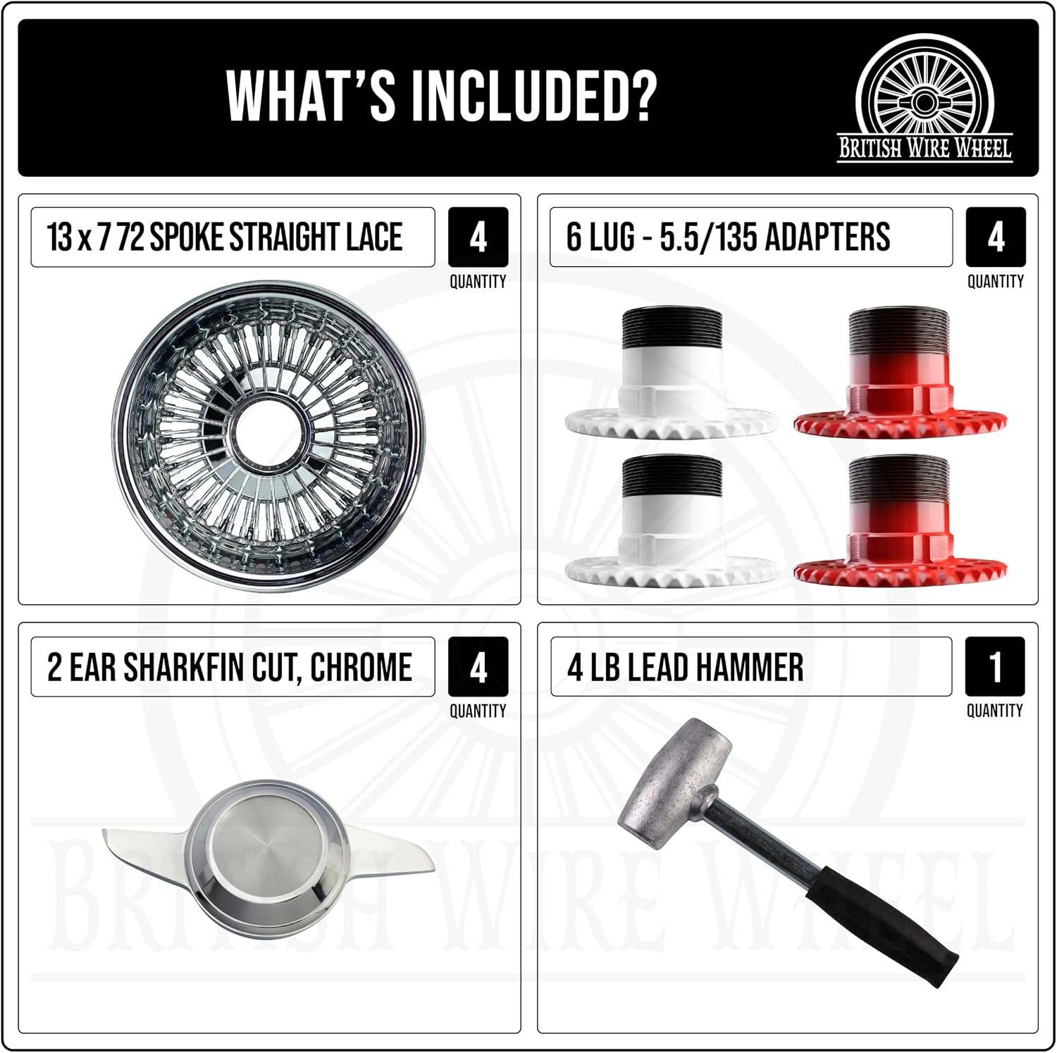 13x7 Reverse 72 Spoke SS Straight Lace Wire Wheels with 2 Ear Cut Knock Off Spinner Caps + Adapters 6x5.5, 6x135 | Chrome Deep Dish Lowrider Rims | Set of 4 + Lead Hammer