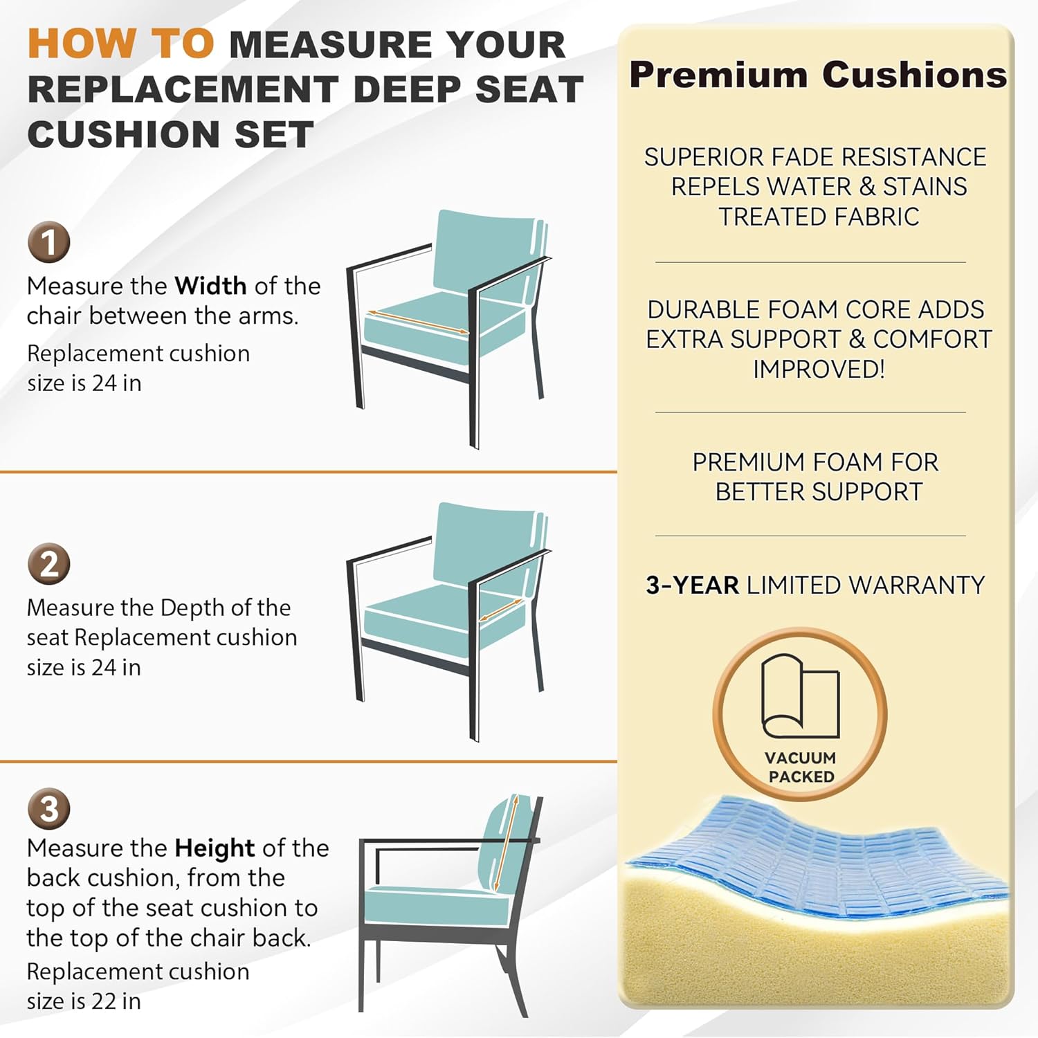 Deep Seat Patio Cushions Set 24 in x 24 in,Olefin Fabric Outdoor Seat Cushion ,Patio Furniture Cushions with Removable Cover,Rain-Proof and Fade Resistant Deep Seat Bottom & Back Cushion, Set of 2
