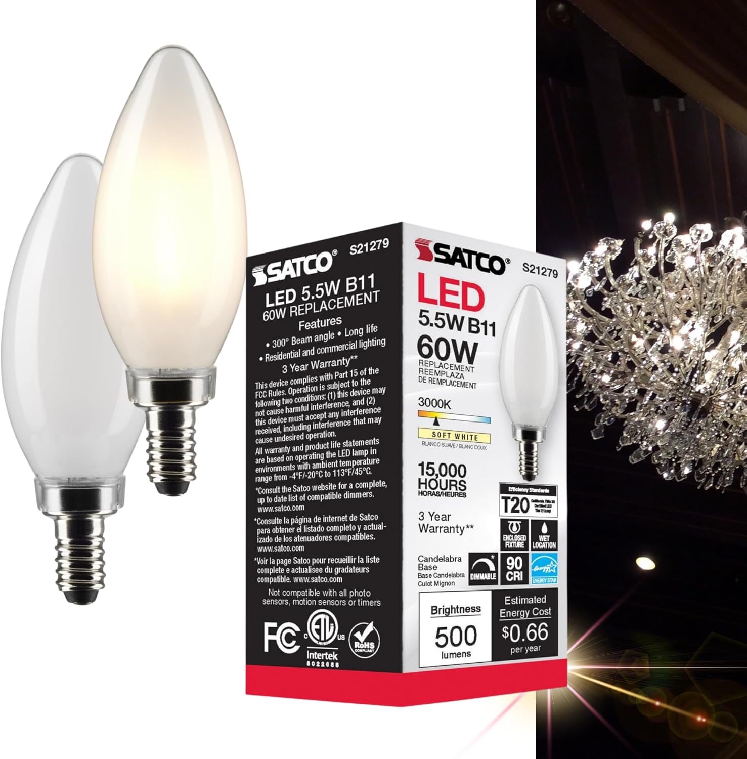 Satco S21279-5.5 Watt B11 LED Frost Candelabra Base Light Bulb, 3000K Soft White, 500 Lumens, 90 CRI, 120V, Dimmable (2 Pack)