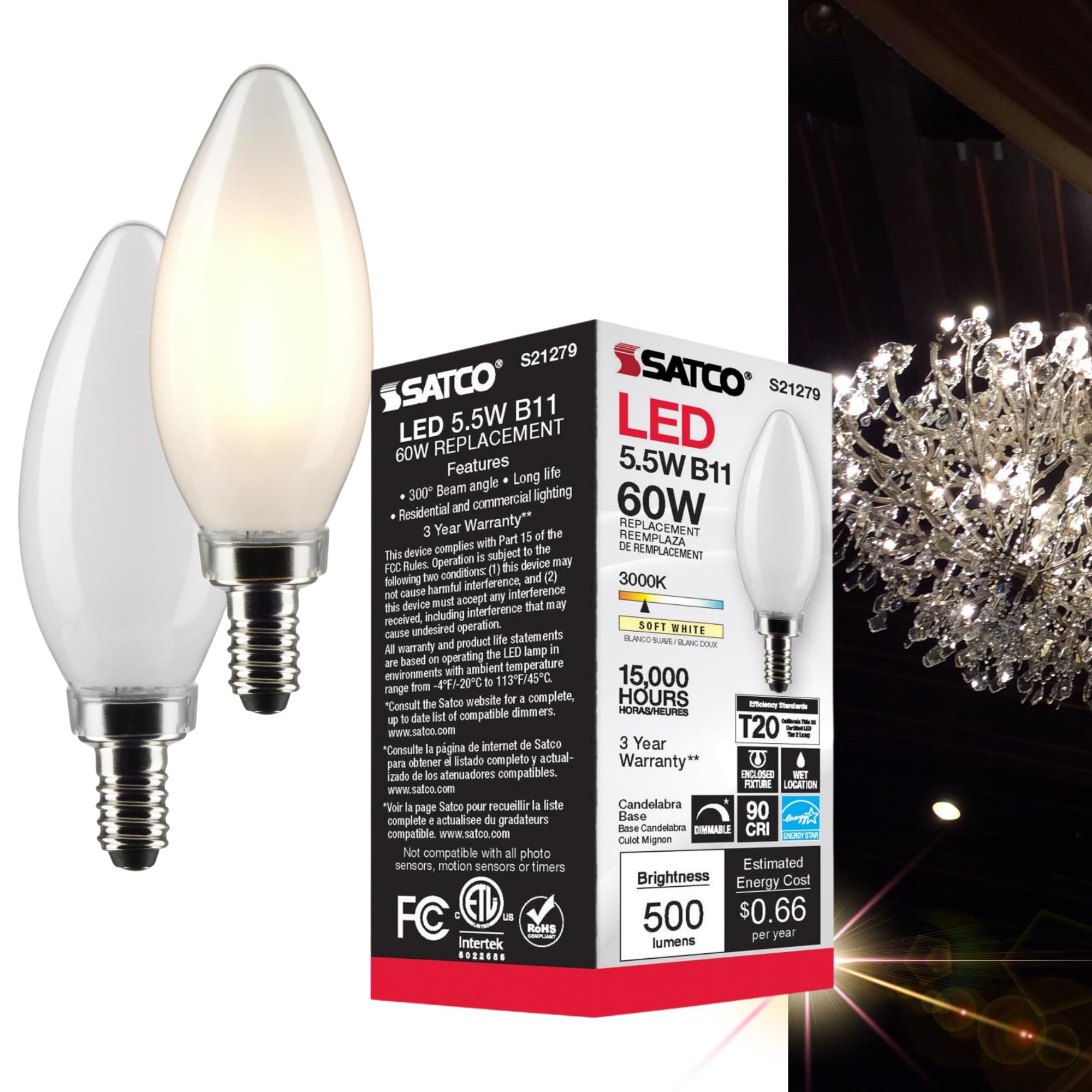 Satco S21279-5.5 Watt B11 LED Frost Candelabra Base Light Bulb
