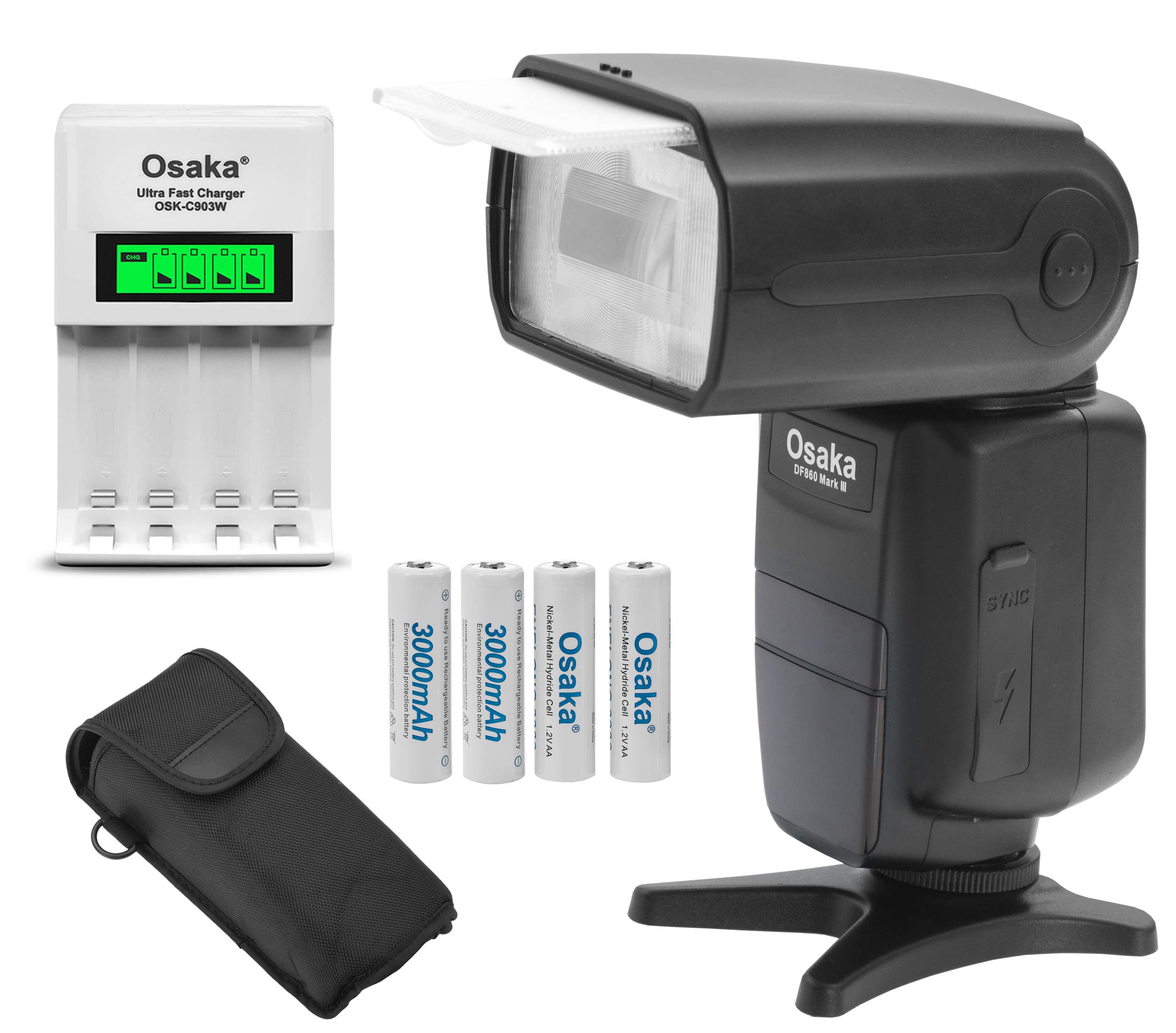 Osaka Camera TTL Flash Speedlite DF860 Mark III for Nikon and See fig  with NI-MH HR06 4xAA 3000mAh Battery Set Ultra Fast Charger OSK-C903W LCD