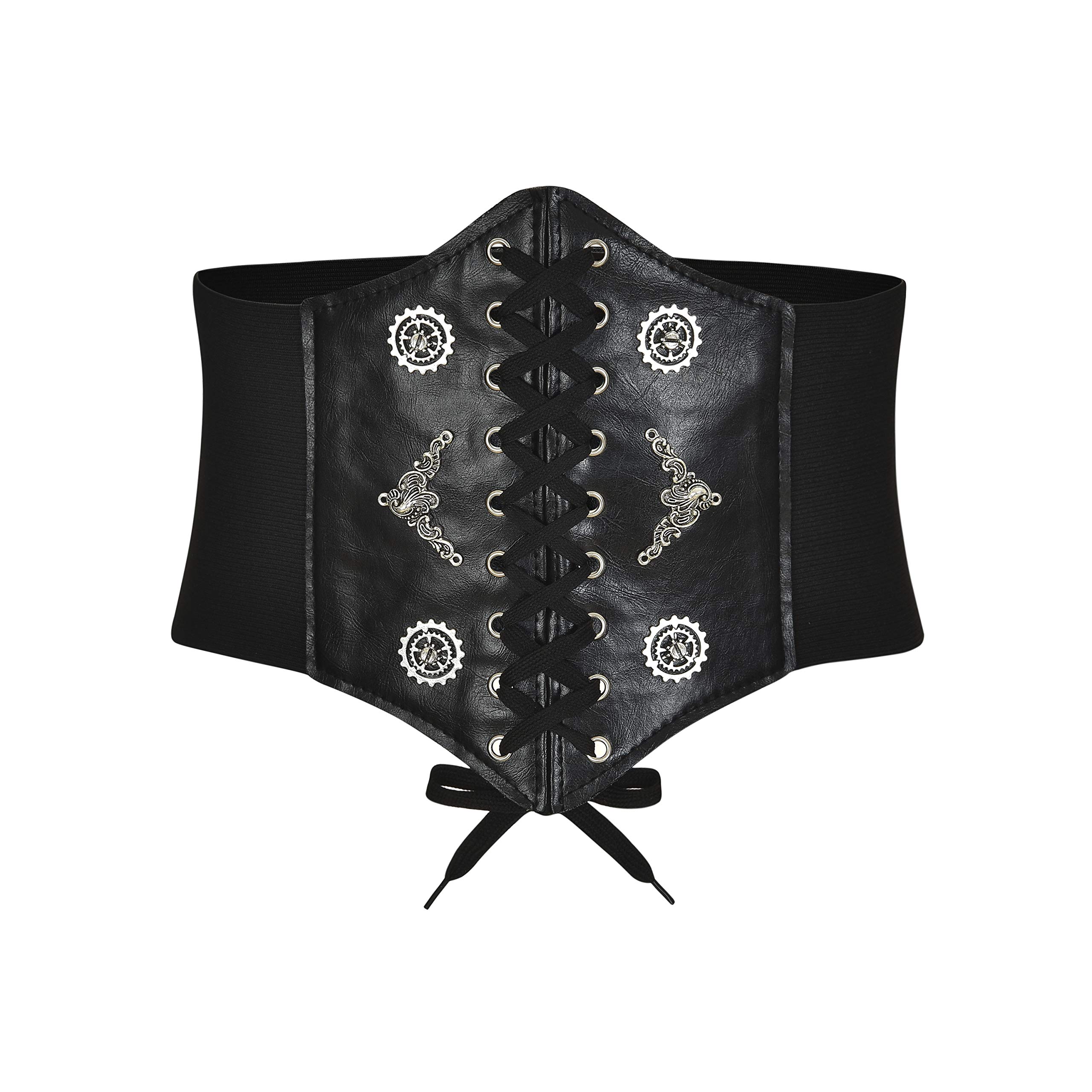 Bslingerie® Womens Steampunk Faux Leather Waspie Belt Corset (Black - Silver, M)