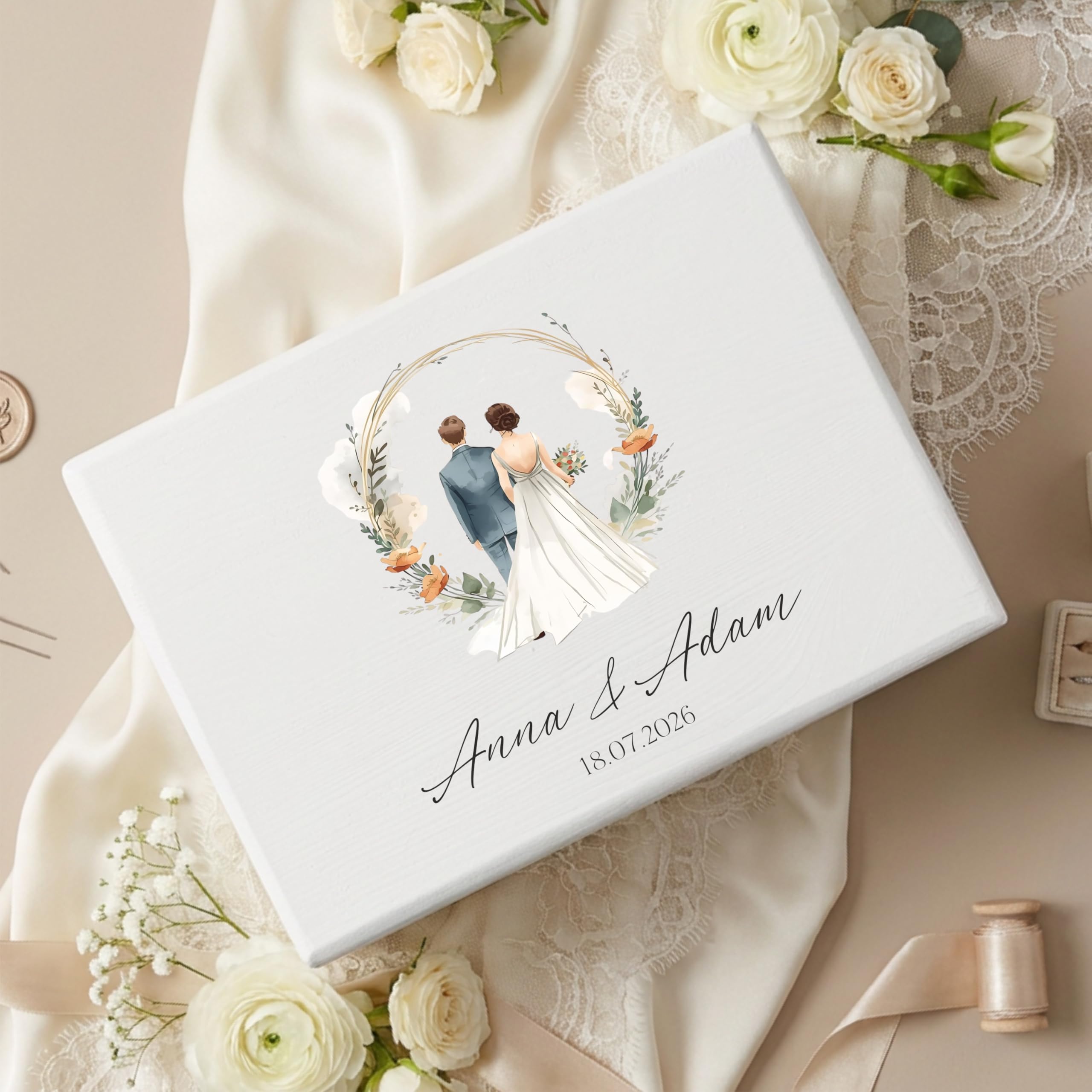 Creative DECO Personalizada Caja de Regalos Originales para los Novios Boda | Regalo Blanca | Caja Madera de Recuerdos Especiales | Parejas Aniversario Matrimonio | Motivo Pareja con Nombres Fecha