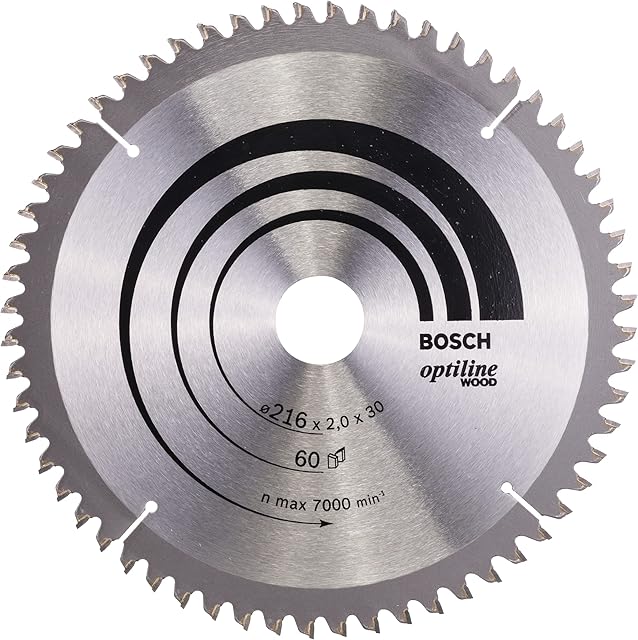 Bosch 2608640433 Optilineline Mitre Circular Saw Blade for Wood, 216mm x 2.0mm x 30mm, 60 Teeth, Silver