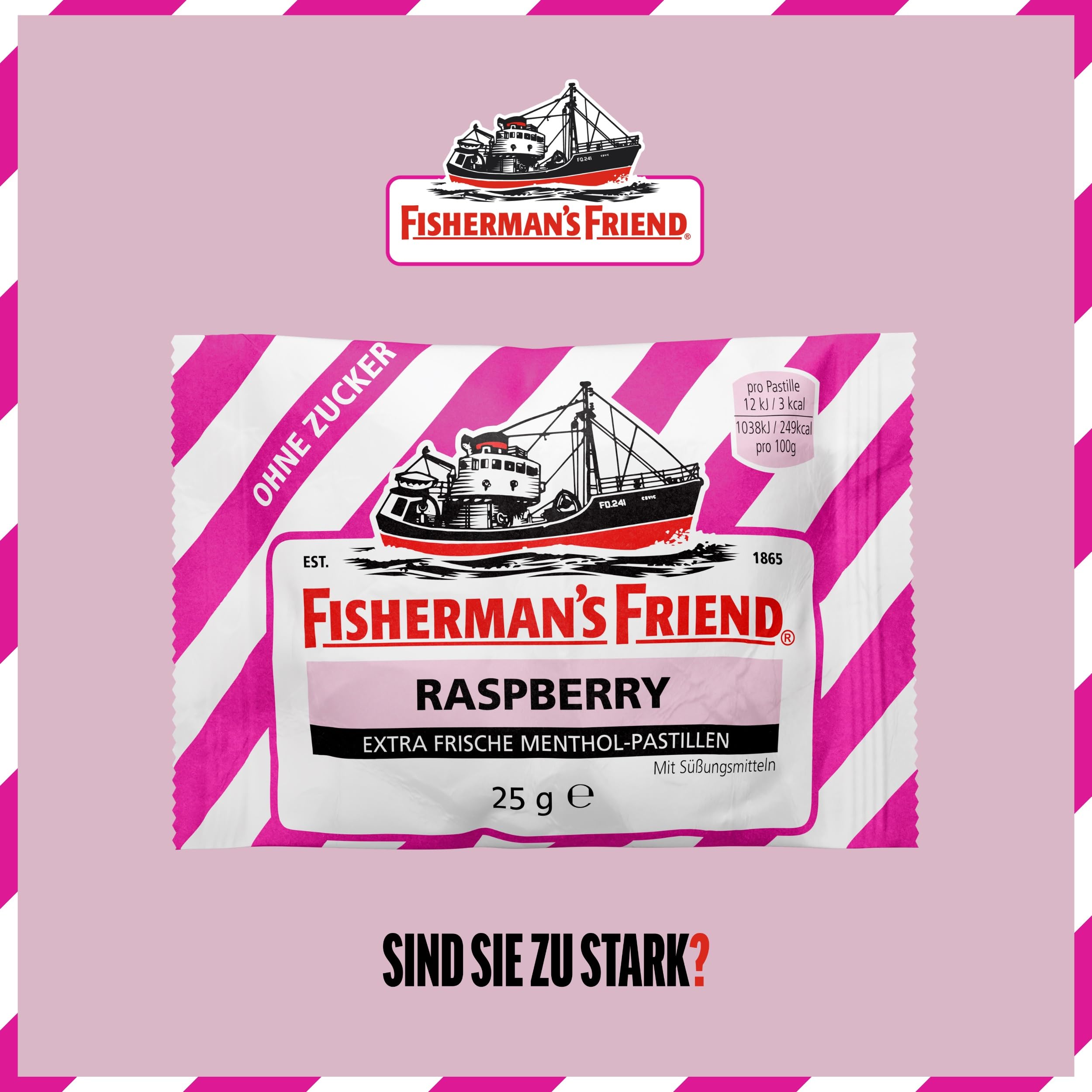 Fisherman's Friend Raspberry, 24er Vorratsbox, Himbeere und Menthol Geschmack, zuckerfrei & vegan, Bonbons für frischen Atem, 24 x 25g