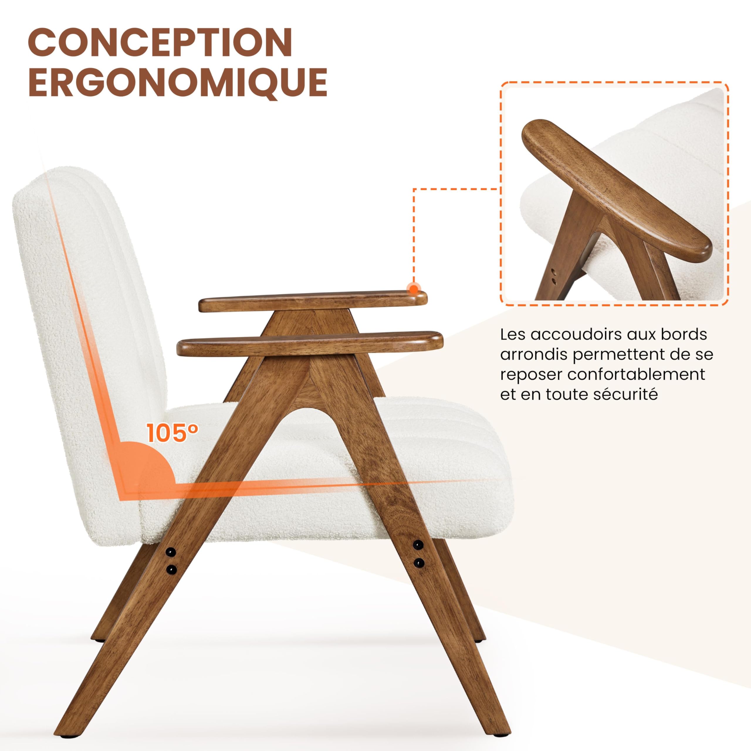 Yaheetech Fauteuil de Salon Scandinave en Tissu Bouclette Fauteuil Lecture avec Accoudoirs Chaise Coiffeuse Pieds en Bois Massif Assise Large Dossier Ergonomique pour Salon Chambre Bureau Blanc