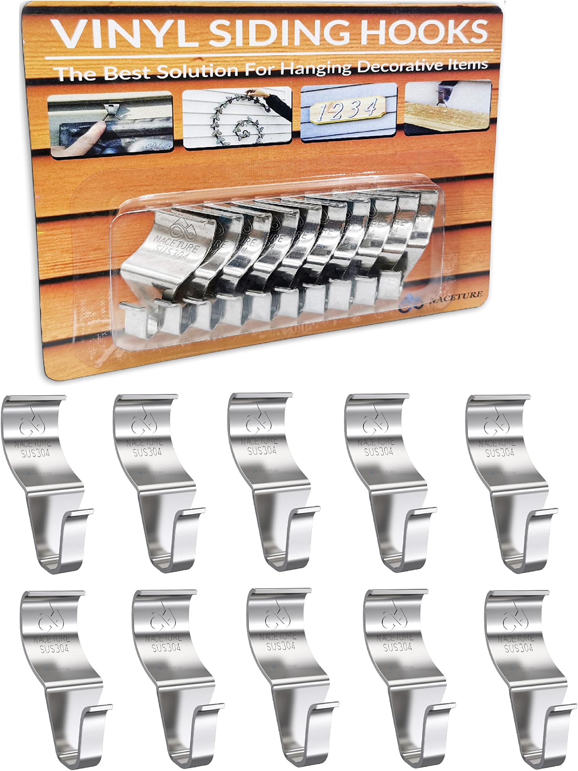 NACETURE Vinyl Siding Hooks Hanger (10 Pack) | No Drill Vinyl Hooks for Hanging Outdoor Decor, Sliver