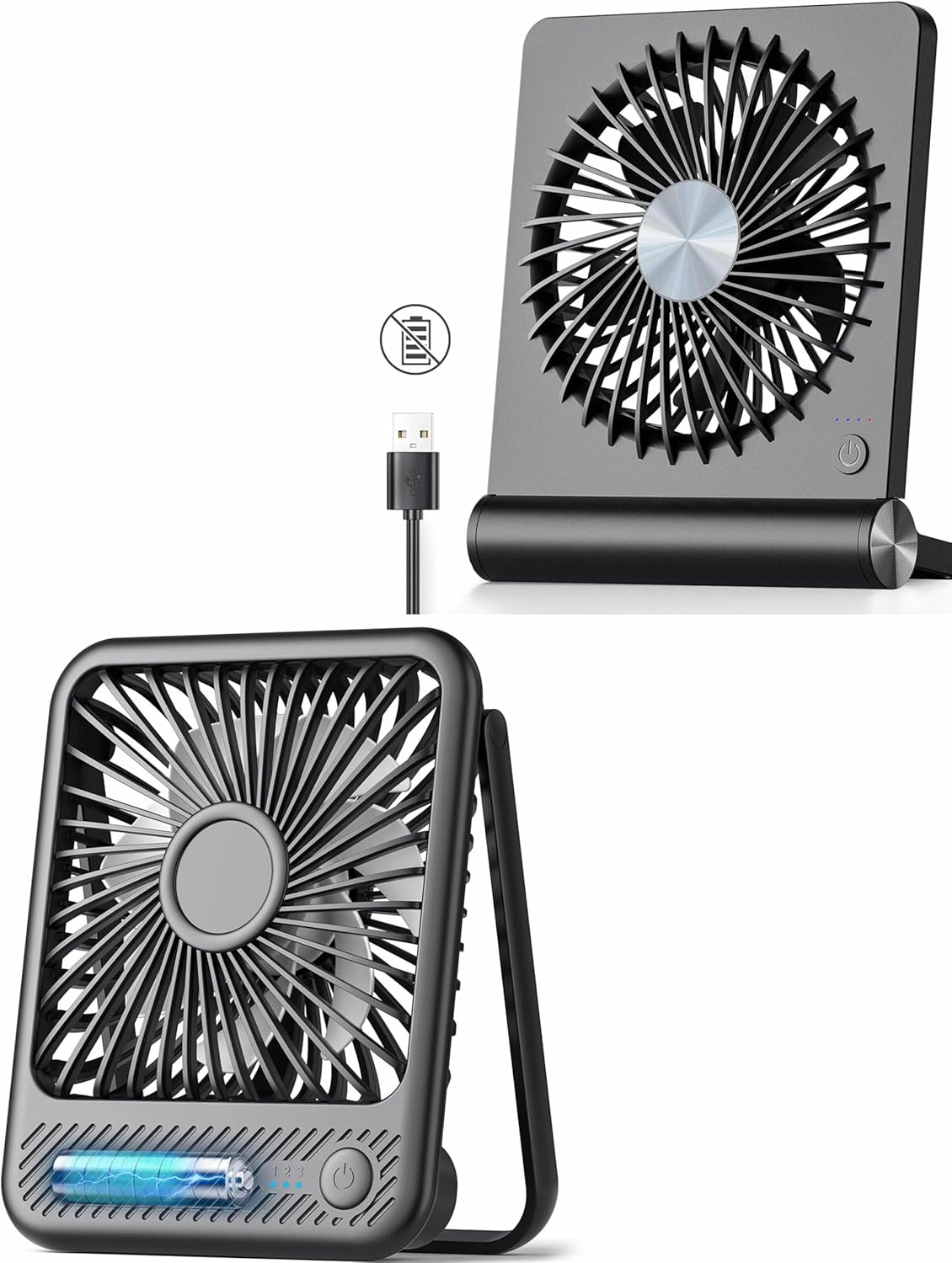 Koonie 5.7in Corded Powered 220° Tilt Folding Desk Fan & 5in Battery Operated 180° Tilt Folding Desk Fan with Strong Wind and 3 Speeds Adjustable