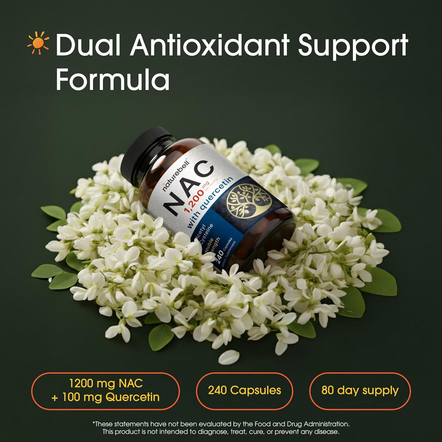 NatureBell NAC 1,200mg with Quercetin - 240 Capsules - N-Acetyl Cysteine - Antioxidant Supplement for Cellular Health - Supports Liver, Lung & Immune Function*