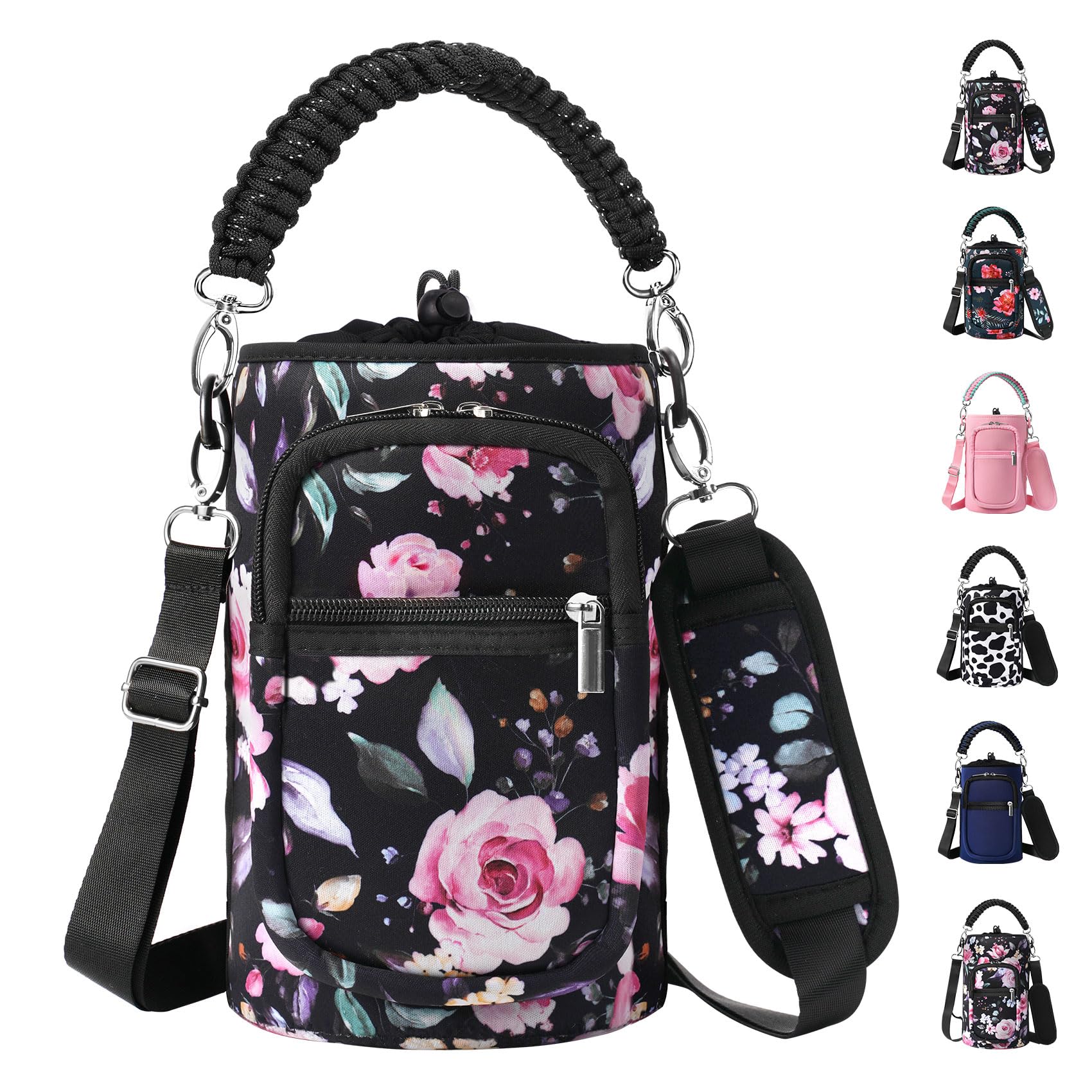 32/40/64/128 oz Neoprene Insulated Water Bottle Carrier Bag, Sling Bag Sleeve Pouch Holder with Strap & Paracord Handle and 2 Pocket for Travelling, Hiking, Camping