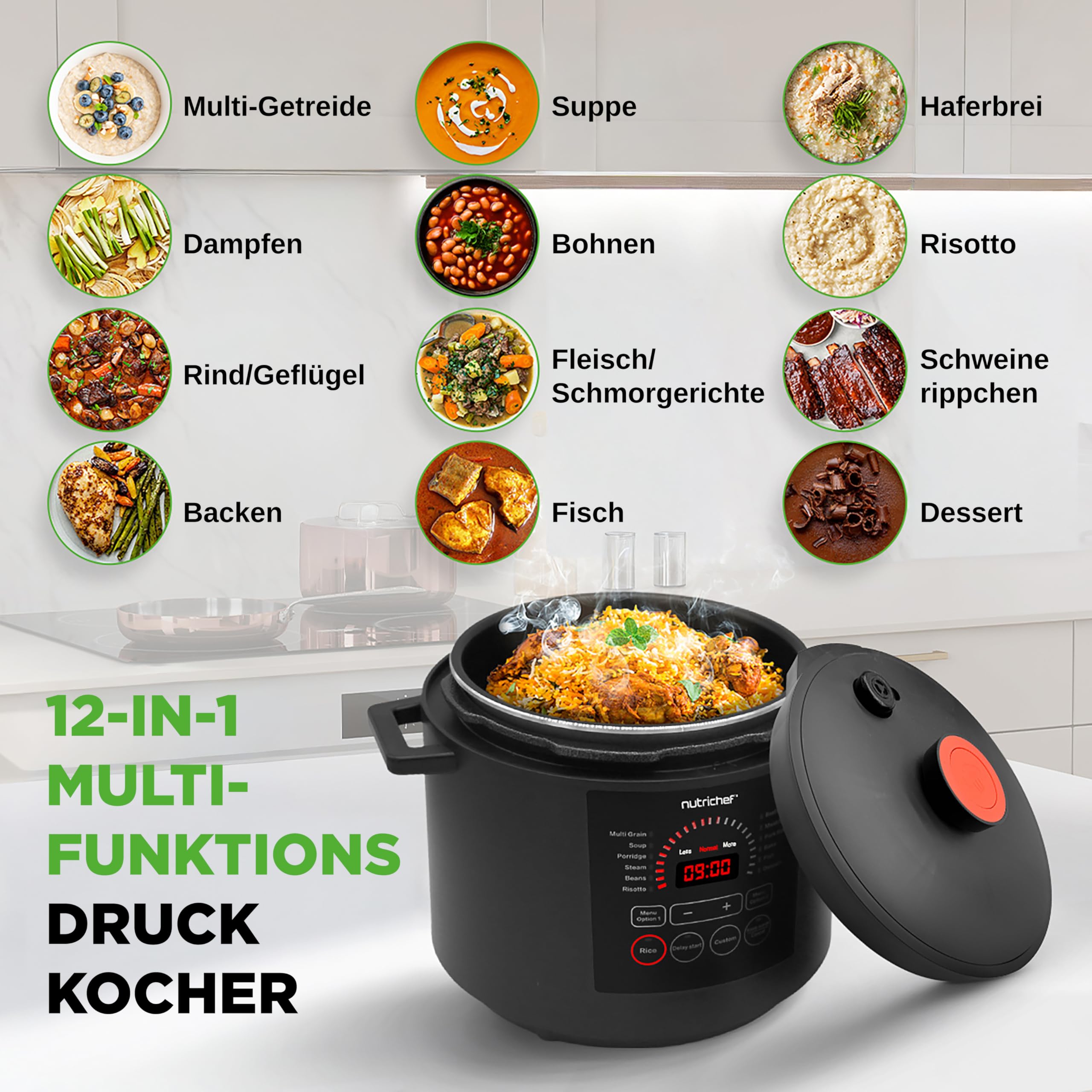 NutriChef Multikocher 5,7 L Elektrischer Schnellkochtopf, 9 Programme, Digitaler Druckkocher, Reiskocher & Dampfgarer, Schwarz