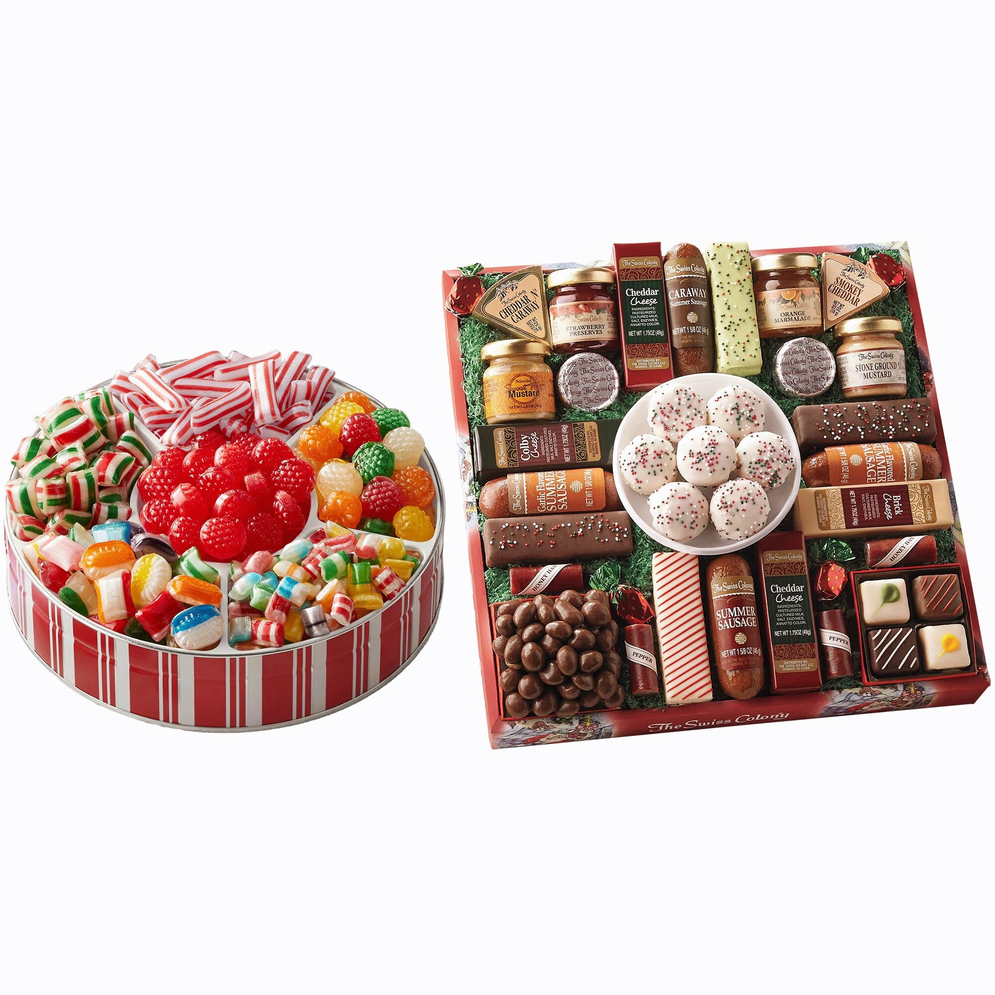 The Swiss Colony 27 Favorites Food Gift Set, Summer Sausage Meats and Cheeses, Assorted Chocolates, Candies, Petits Fours, Cheese & Charcuterie Board Gifts Basket, Holiday, Christmas - Box: Holiday Red w/ Traditional Candy