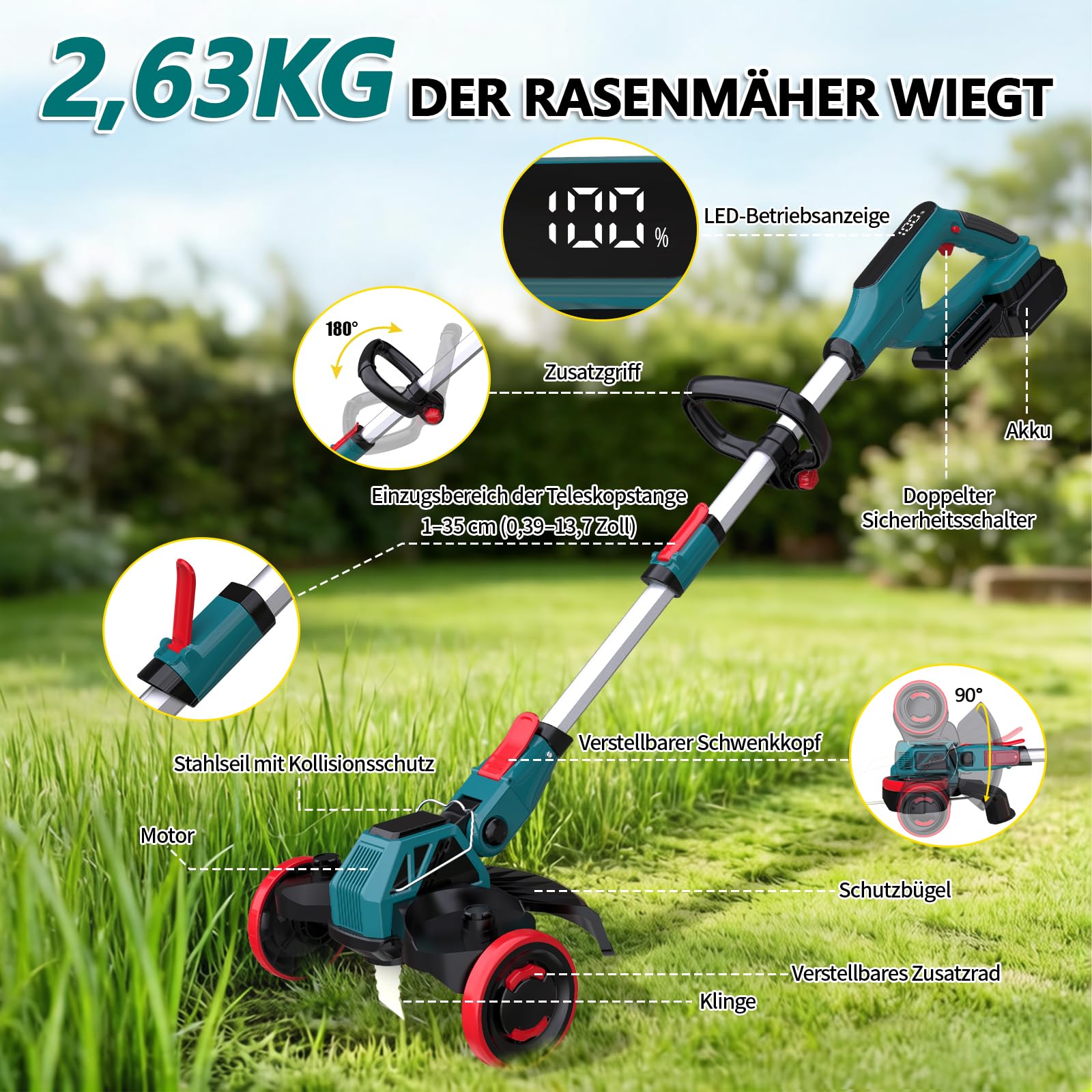 Akku Rasentrimmer mit Unkrautbürste, 21V Bürstenlose Rasenkantenschneide für Makita Akkus,4 in 1 Elektrischer Freischneider, Inkl. 2X4.0Ah Akku & Ladegerät für Garden Trimmen (Blau)