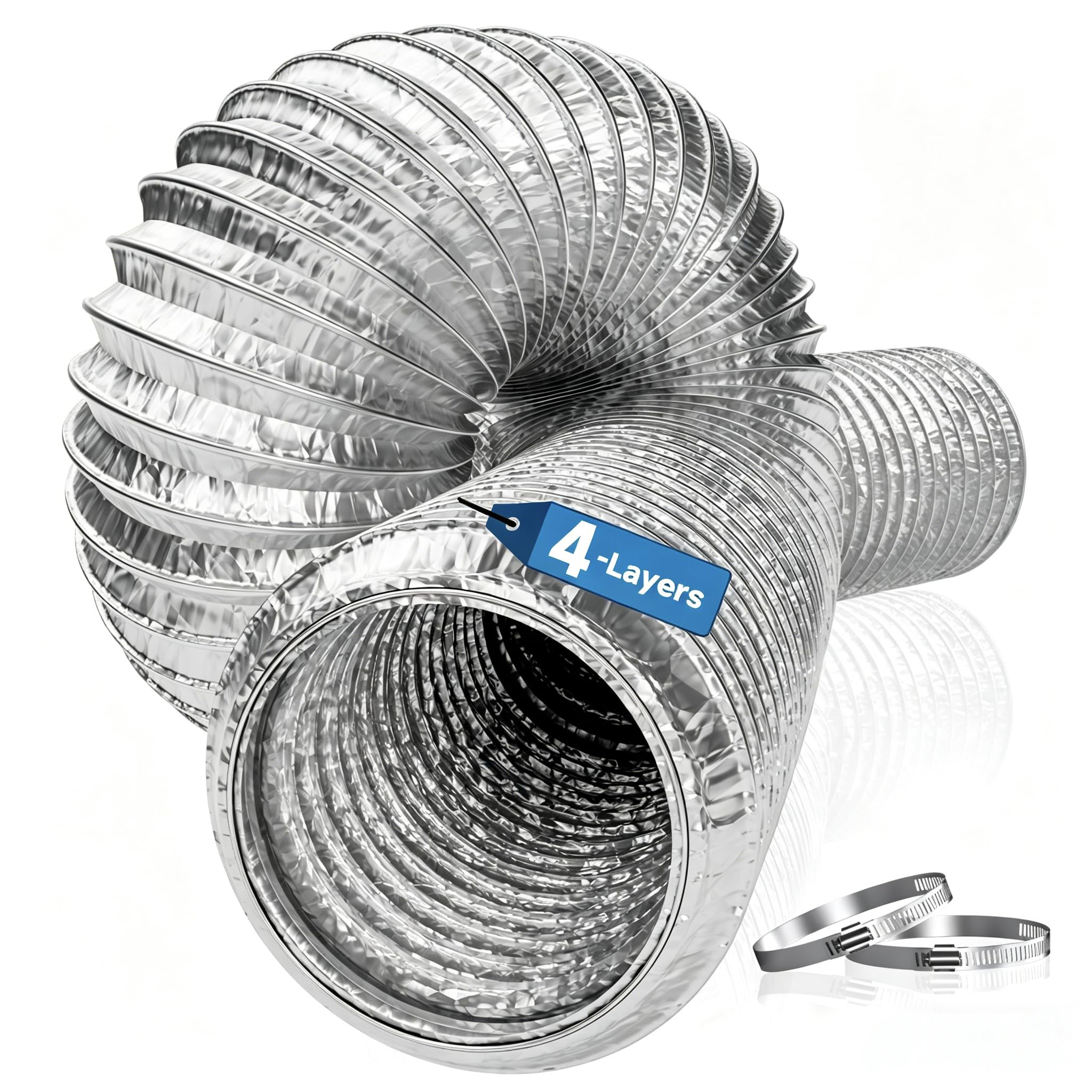 Hon&Guan Ø 125mm X 5m Manguera Flexible de Ventilación de Aluminio Tubo Salida Aire, Tubo Flexible de Salida de Aire con 2 Abrazaderas Acero para Aire Acondicionado, Campana Extractora, Plata