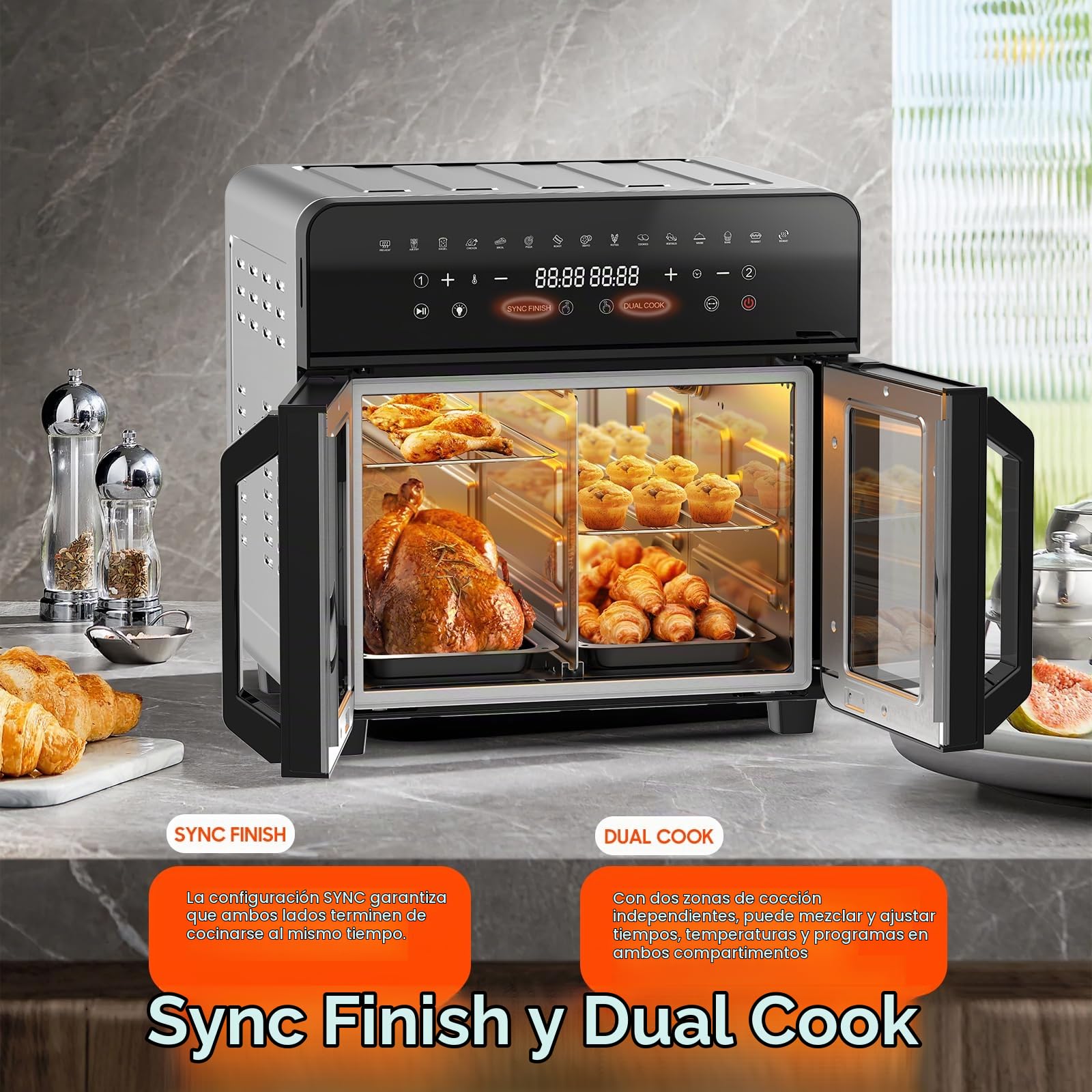 Freidora de Aire Dual Zone 23L, Air Fryer XXL con divisor extraíble, Freidora sin aceite con puertas French Door, 15 programas, Gran ventana, 5 juegos de accesorios, Libro de recetas
