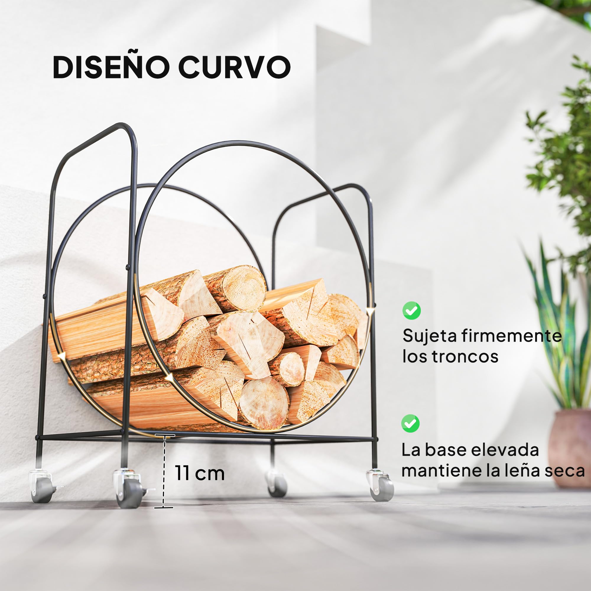 Outsunny Estante de Leña de Metal con Ruedas, Leñero Exterior e Interior, Soporte para Leña de Chimenea, Almacenamiento para Madera, 51x30x60 cm, Negro