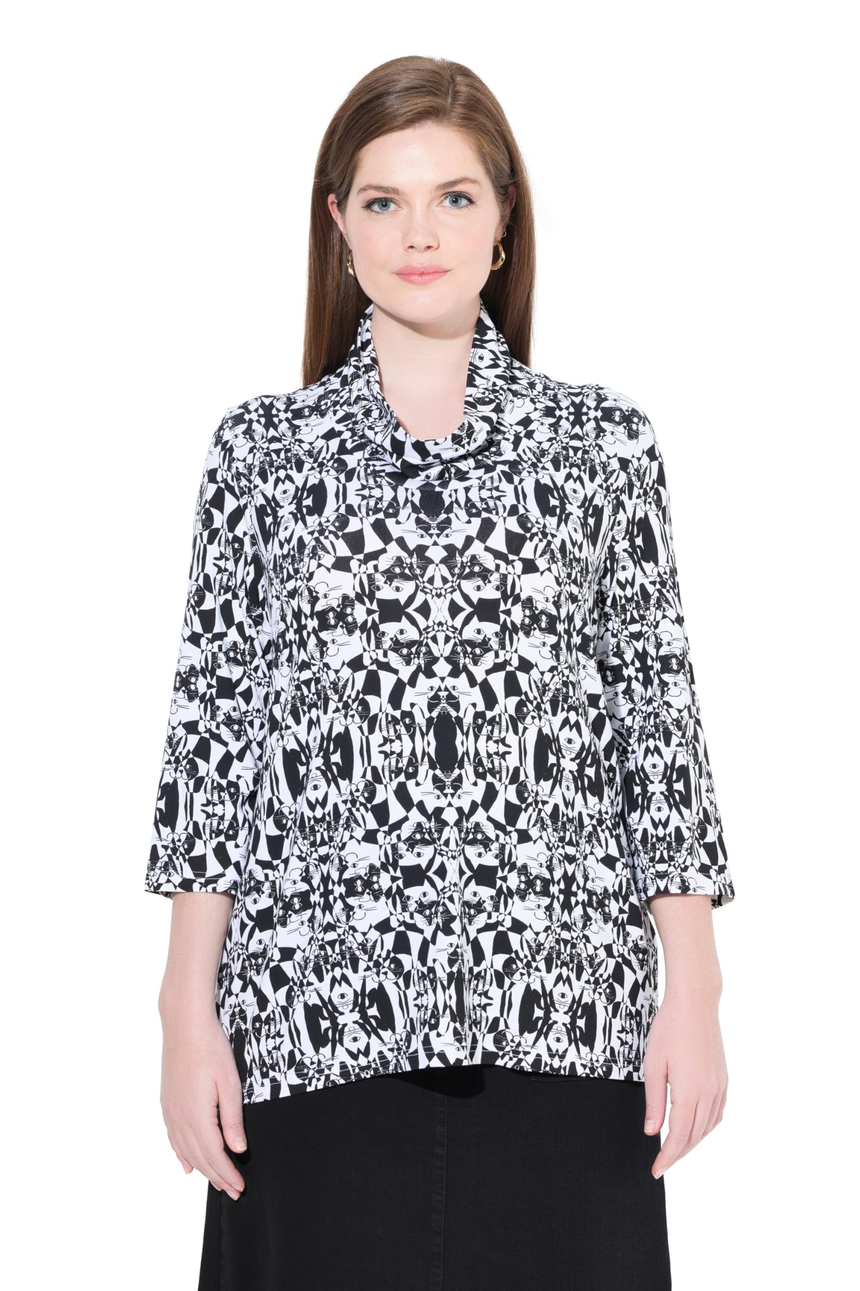Ulla Popken Damen große Größen Übergrößen Plus Size Shirt, Katzen, Classic, Wasserfallkragen, 3/4-Arm 841155