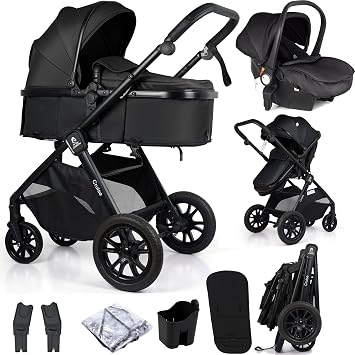 For Your Little One Cruise 3-in-1 Travel System with i-Size Car Seat, Stroller, 13kg Pram, Height Adjustable Handle, Pram, Newborn 0-4 Years Free Raincover and Cupholder Eclipse Black