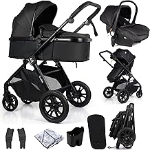 For Your Little One Cruise 3-in-1 Travel System with i-Size Car Seat, Stroller with Carrycot, 13kg Pram, Height Adjustable Handle, Pram, Newborn 0-4 Years Free Raincover and Cupholder (Eclipse Black)