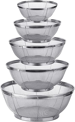 Tiawudi Paquete de 5 coladores para cocina, colador de acero inoxidable 188, colador de malla fina para pasta, arroz y frutas, tamiz para colar,