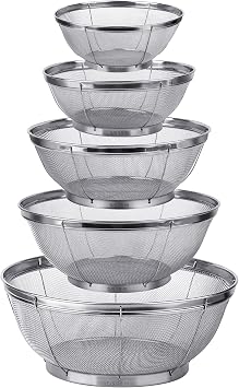 Tiawudi 5 Pack Strainers for Kitchen, 18/8 Stainless Steel Colander, Fine Mesh Strainer for Pasta, Rice and Fruit, Sieve for Strain, Drain, Rinse or Steam, Multi Size Sifter