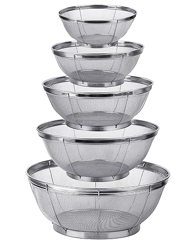 Tiawudi 5 Pack Strainers for Kitchen, 18/8 Stainless Steel Colander, Fine Mesh Strainer for Pasta, Rice and Fruit, Sieve for Strain, Drain, Rinse or Steam, Multi Size Sifter