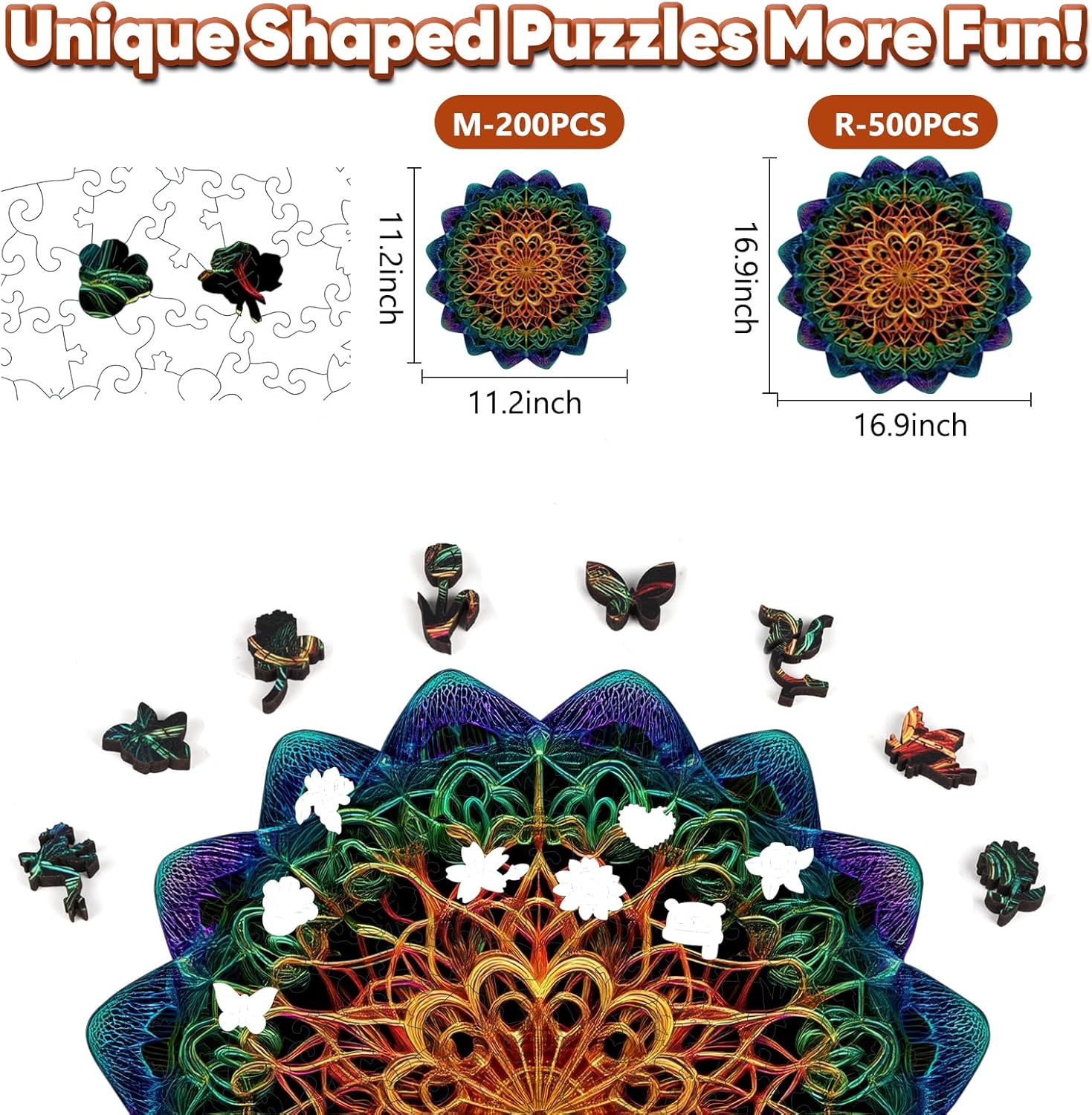 Leodozzio Wooden Puzzles for Adults, Mandala Jigsaw Puzzles 200 Pieces-5MM, Unique Shaped Wooden Puzzle, Birthday Gift Family Game, 11.2x11.2 Inch