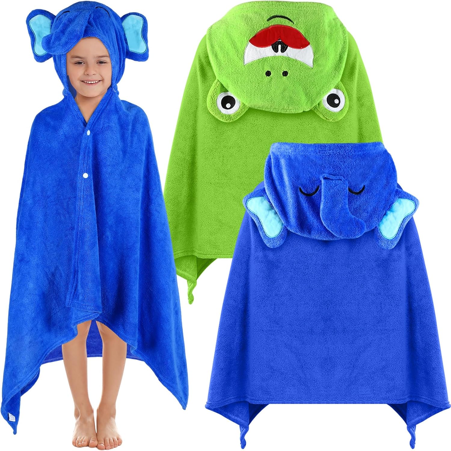 preboun 2 pcs kid hooded bath towel toddler 27.5 x 55'' large hooded towel for kids 3-10 yrs wrap bathrobe boy girl(green, dark blue,frog, elephant) green, dark blue frog, elephant