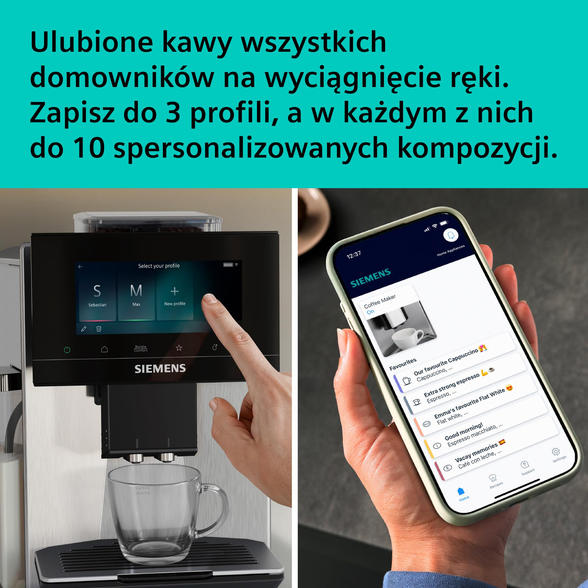 Siemens, automatyczny ekspres do espresso, EQ900 iAroma, spersonalizowane ustawienia smaku, precyzyjne mielenie, duży wyświetlacz, każda filiżanka na Twoich zasadach, stal nierdzewna, TQ923E03