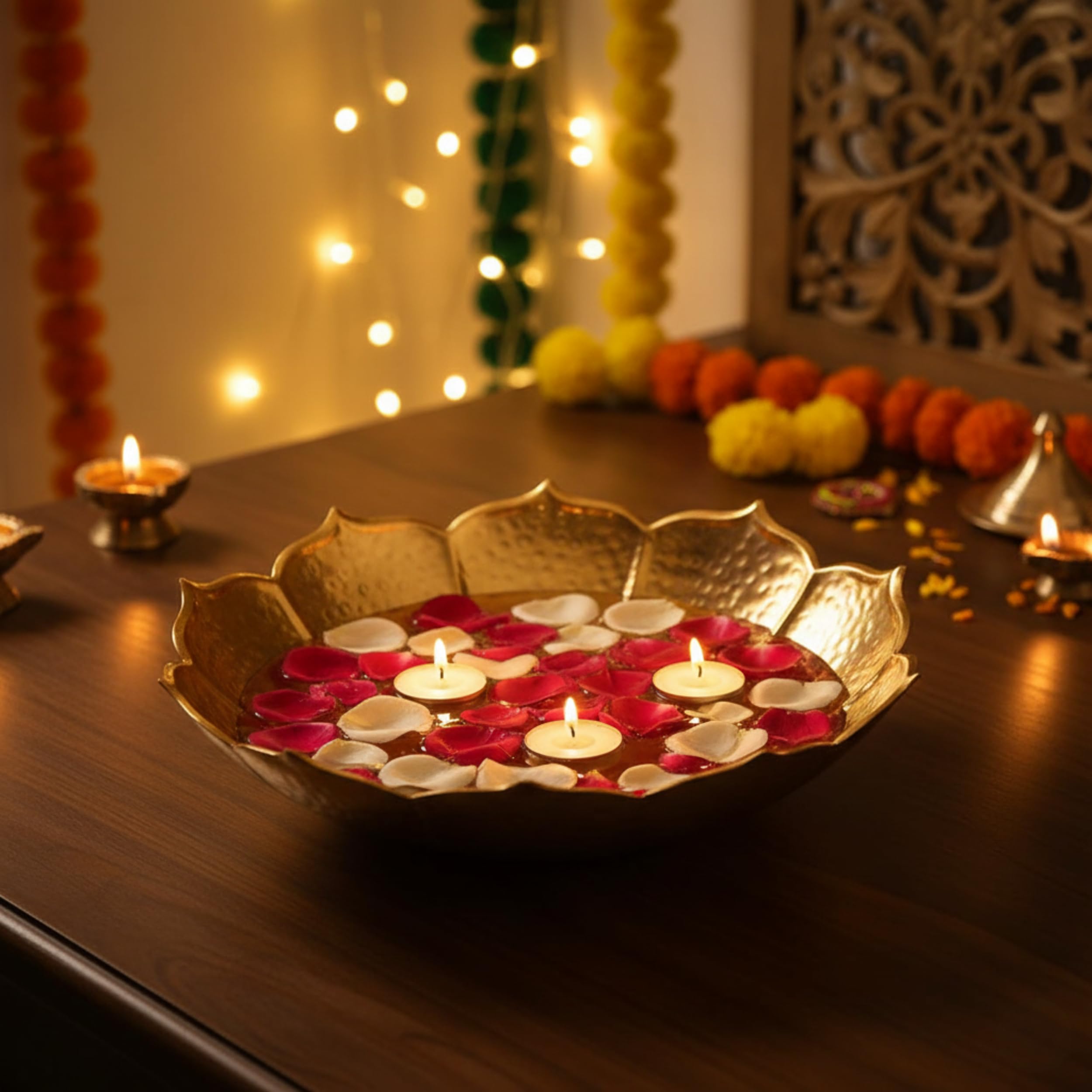 CraftVatika Urli Bowl Set for Decoration - Big Size Urli Bowl for Home Decor, Diwali Decoration Items for Home Decor, Elegant Urali Decoration Bowl, Floating Flowers Diya Tealights Arrangement-image-5