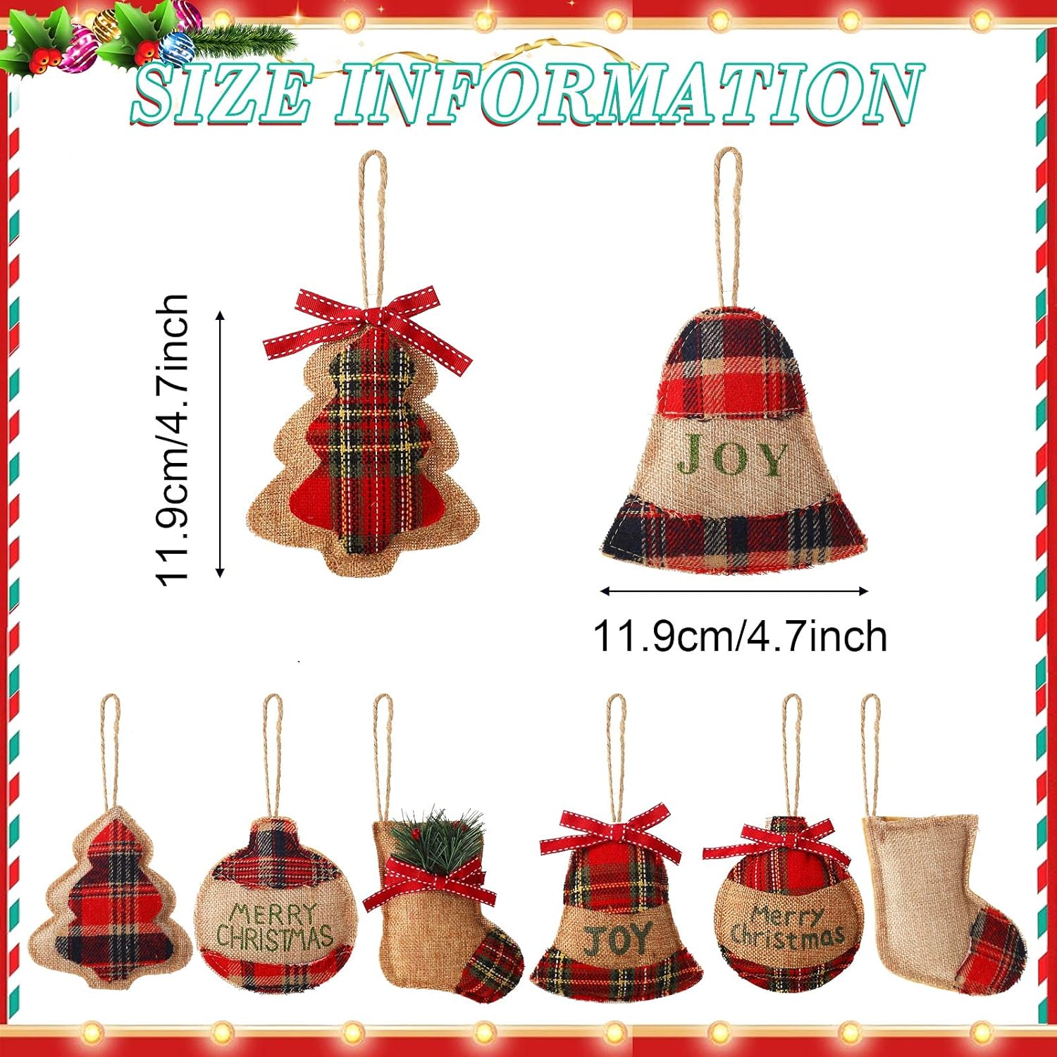 24 Pcs Burlap Christmas Ornaments Set Mini Stockings Funny Christmas Tree Ornaments Rustic Decorations Red Plaid Tartan Hanging Decoration Stocking Ball Tree, 8 Styles(Rustic)